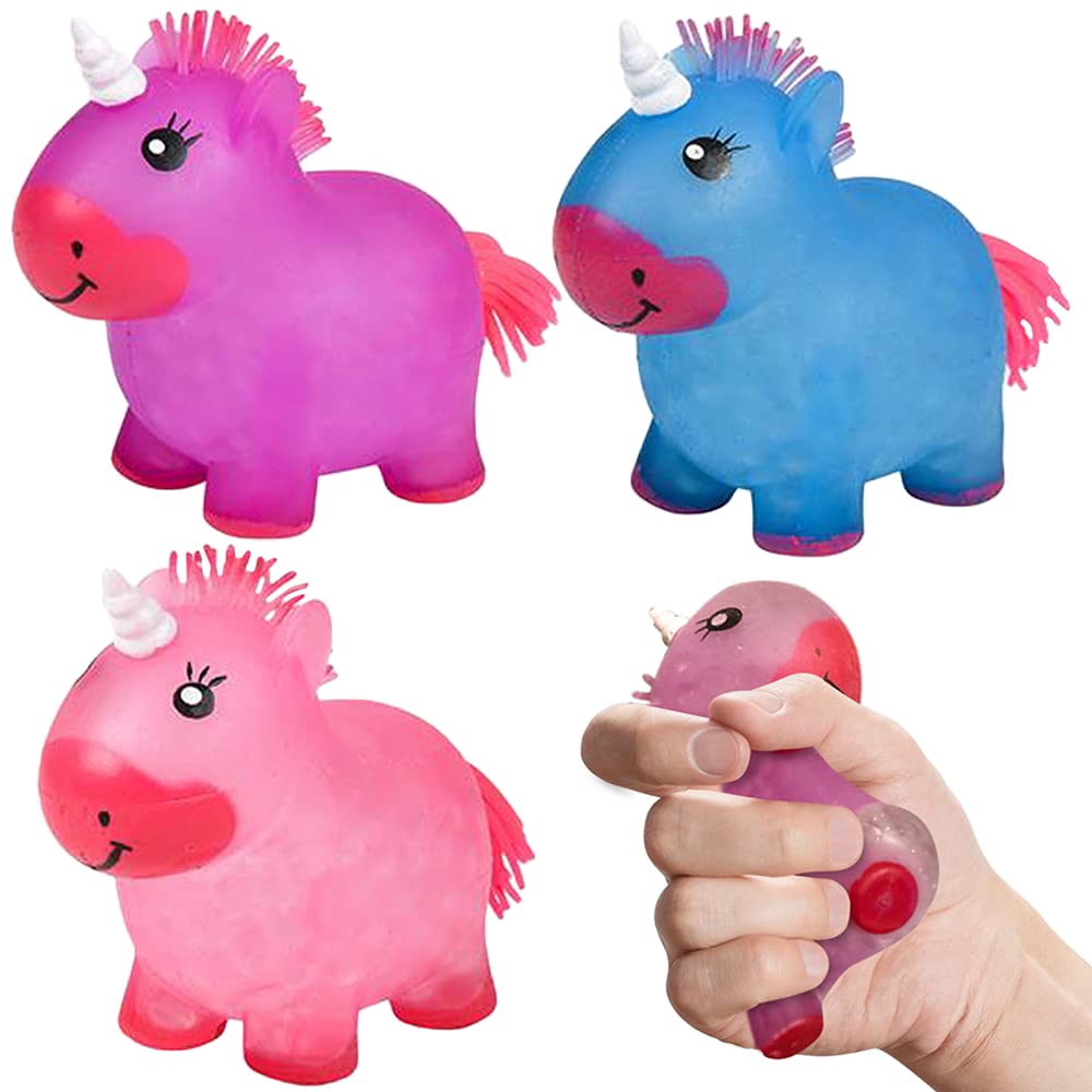 Squeeze Bead Unicorn Toys Set of 3 - Stress Relief for Kids & Adults - Party Favors & Classroom Prizes