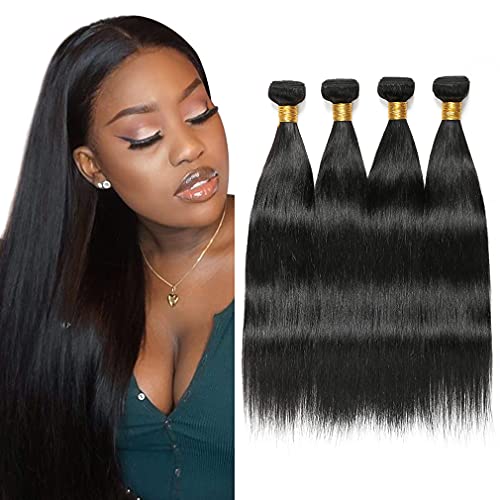 Premium 10A Grade Unprocessed Peruvian Virgin Hair Bundles - 4 Straight Human Hair Weave Extensions (1B Color, 20