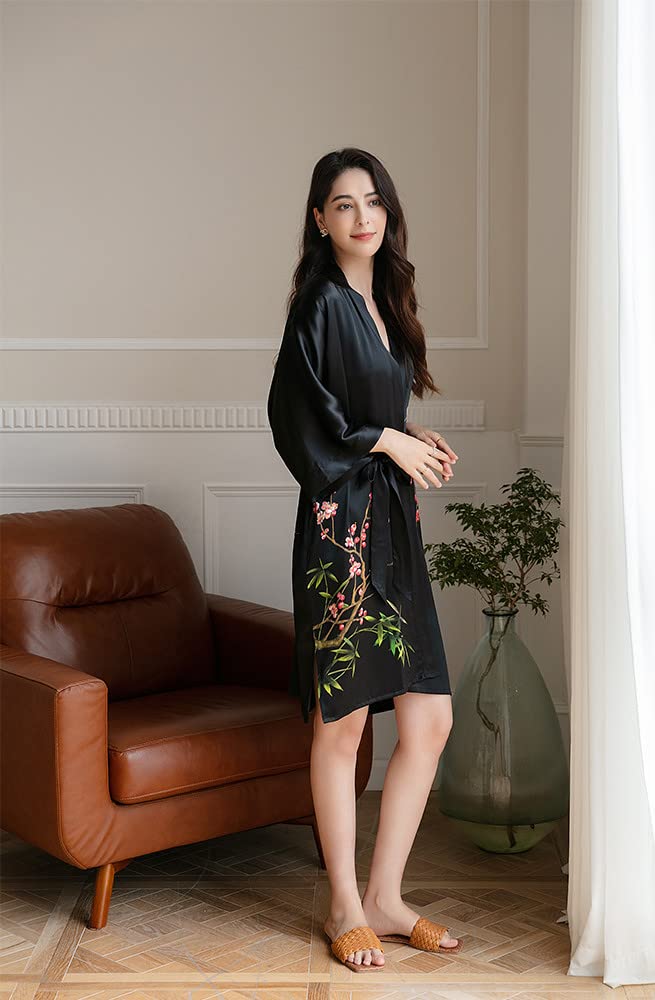 Women's 100% Silk Kimono Robe - Short Sleeve Bathrobe & Pajama Set for Spa, Lounge & Sleepwear | Luxury Comfort for Home Relaxation & Bridal Shower Gift