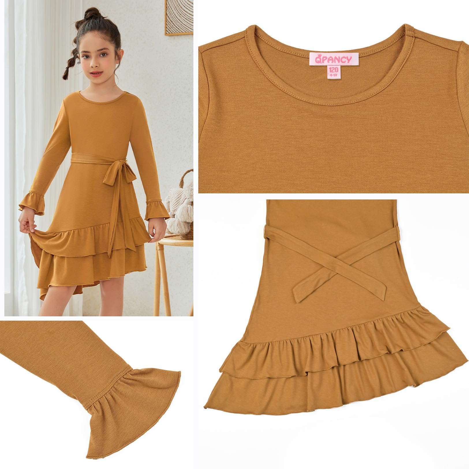 QPANCY Girls Long Sleeve Ruffle Swing Dress with Belt - Round Neck Casual Dresses for Toddler & Kids | Perfect for School, Parties & Family Outings
