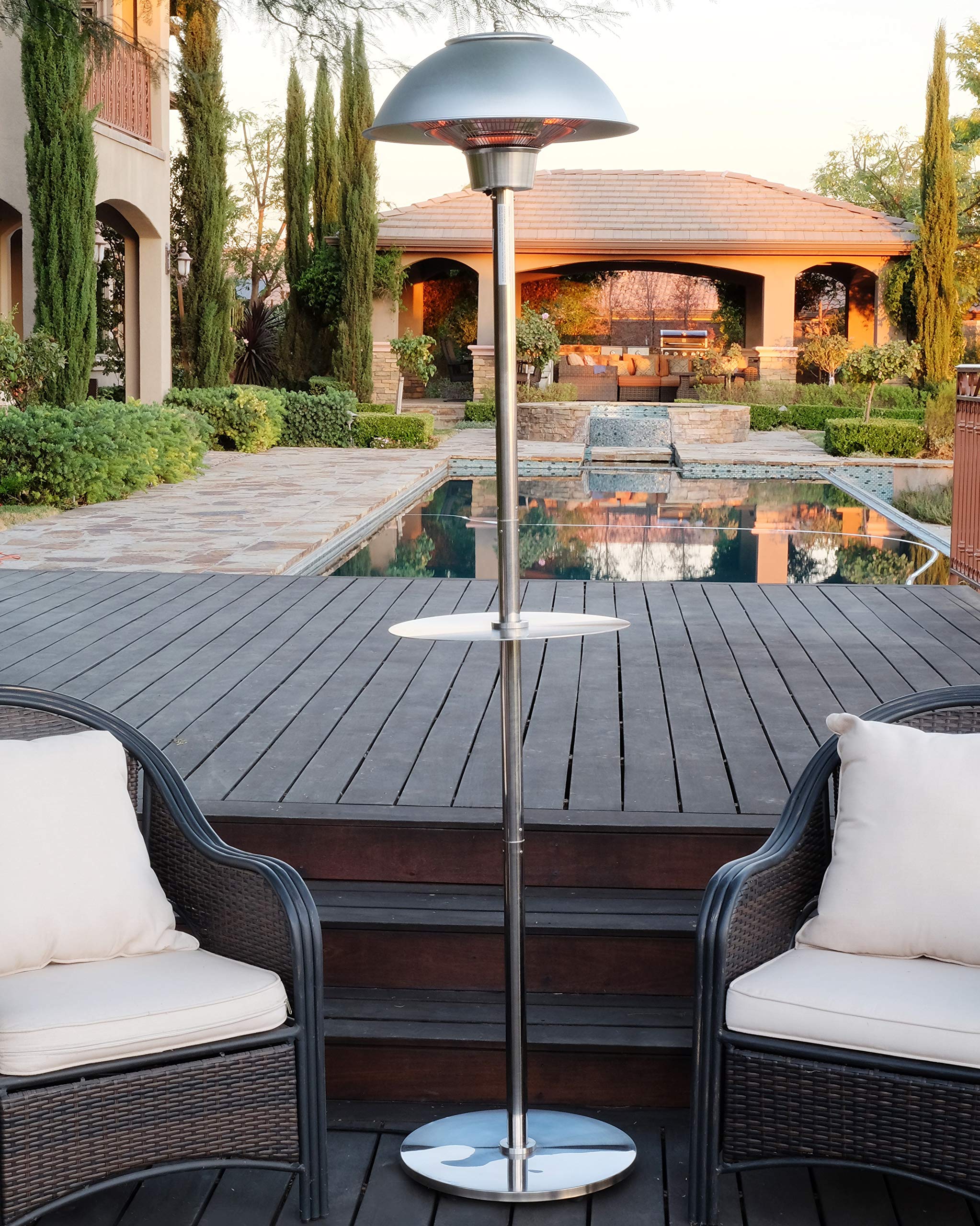 1500W Stainless Steel Electric Patio Heater - Indoor Outdoor Infrared Standing Heater with Table Top | Model PH-90202-SS-AM | Perfect for Backyard, Deck, Restaurant & Patio Warming