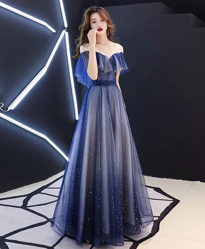 Elegant Blue V-Neck Tulle Long Prom Dress for Women - Formal Evening Gown for Homecoming, Ball, Wedding & Special Occasions