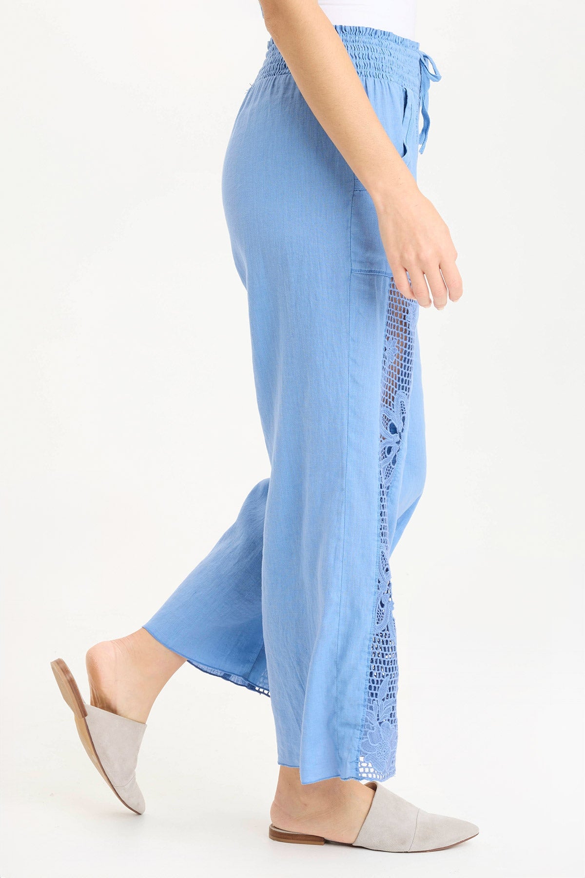 Rokel Linen Crochet Ruched Wide Leg Pants for Women - Boho Chic High Waisted Palazzo Pants - Summer Beach Vacation Outfit & Casual Lounge Wear