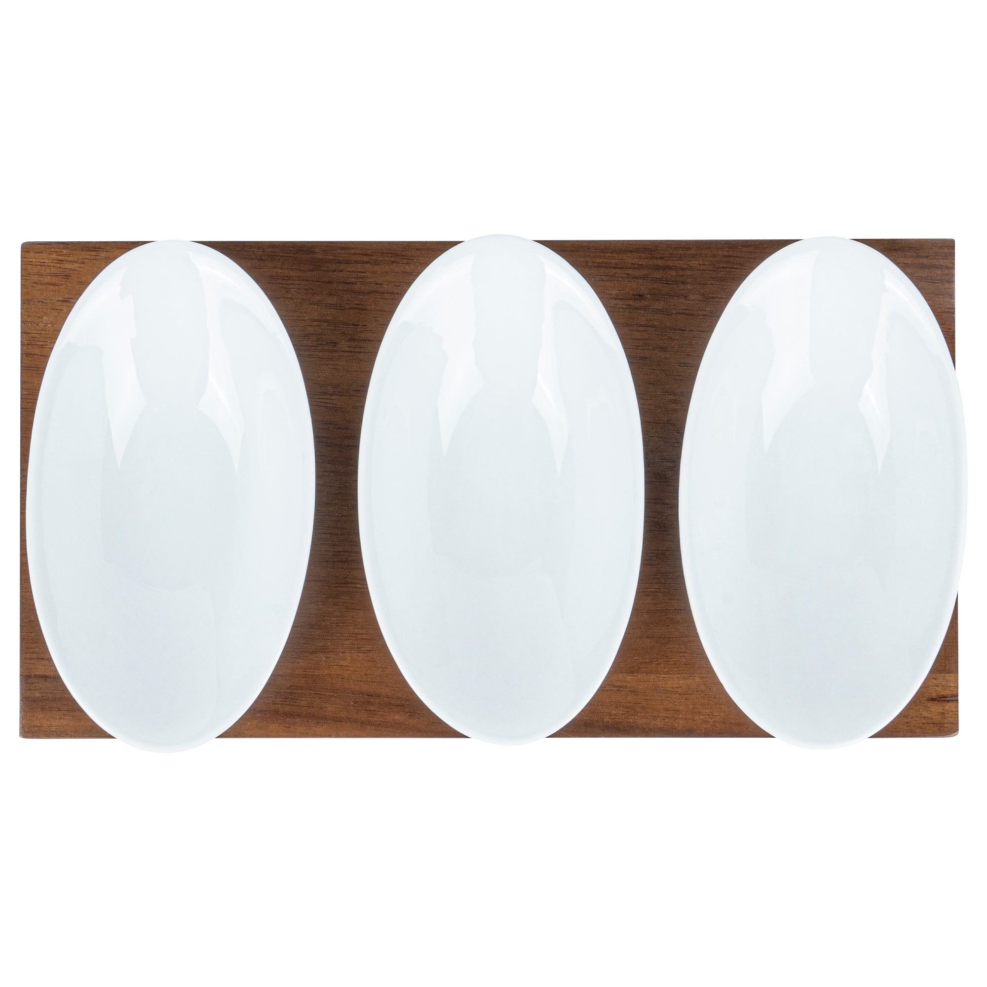 Premium 9 oz White Porcelain Rectangular Ellipse Bowls Set of 3 with Bamboo Tray - 10.25