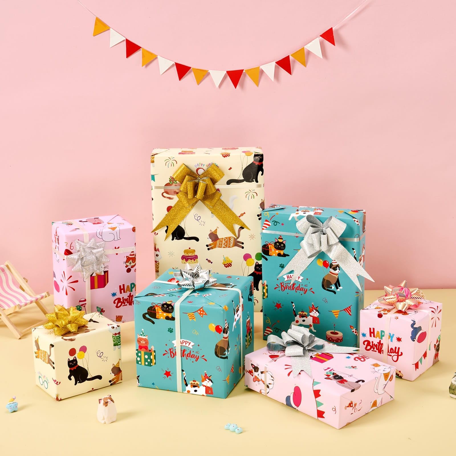 WERNNSAI Cat Wrapping Paper Rolls - 3 Rolls 17” x 120” Birthday Gift Wrap with Cutting Lines | Cute Kitten Themed Wrapping Paper for Girls, Birthday Presents & Party Decorations
