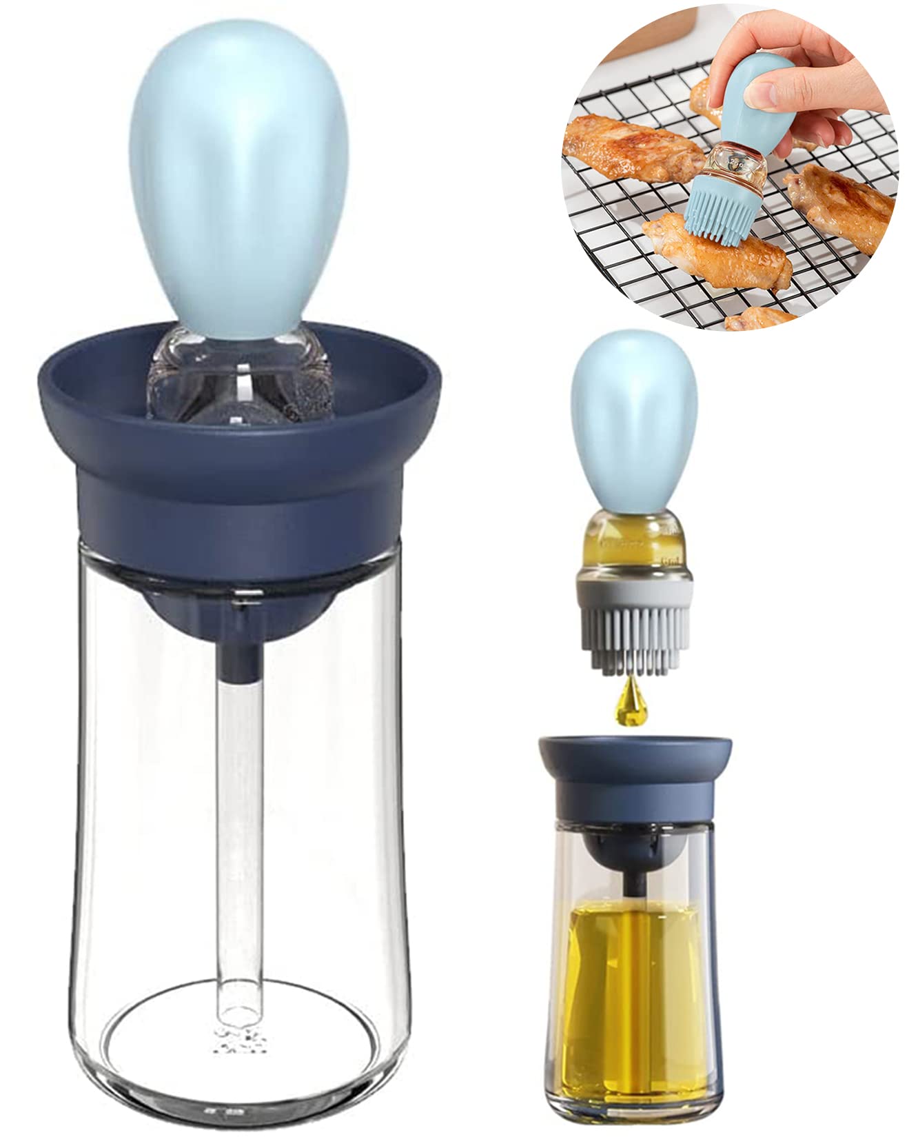 Premium Silicone Oil Dispenser Bottle with BBQ Brush - Accurate Measuring Dropper for Kitchen, Cooking, Baking, Grilling - Perfect for Basting Turkey, Pastry, Vinegar & Marinades (Blue) - Ideal for Home Chefs & Outdoor BBQs