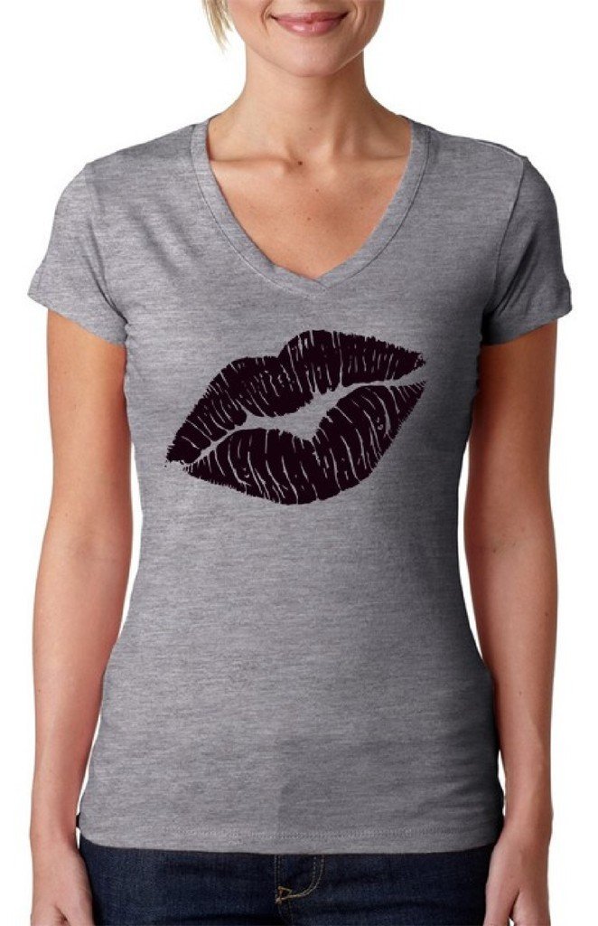 Awkwardstyles Women's V-Neck Graphic Tee - Funny Lips Kiss Design Black T-Shirt | Casual Outfit, Party Wear & Cute Date Night Top