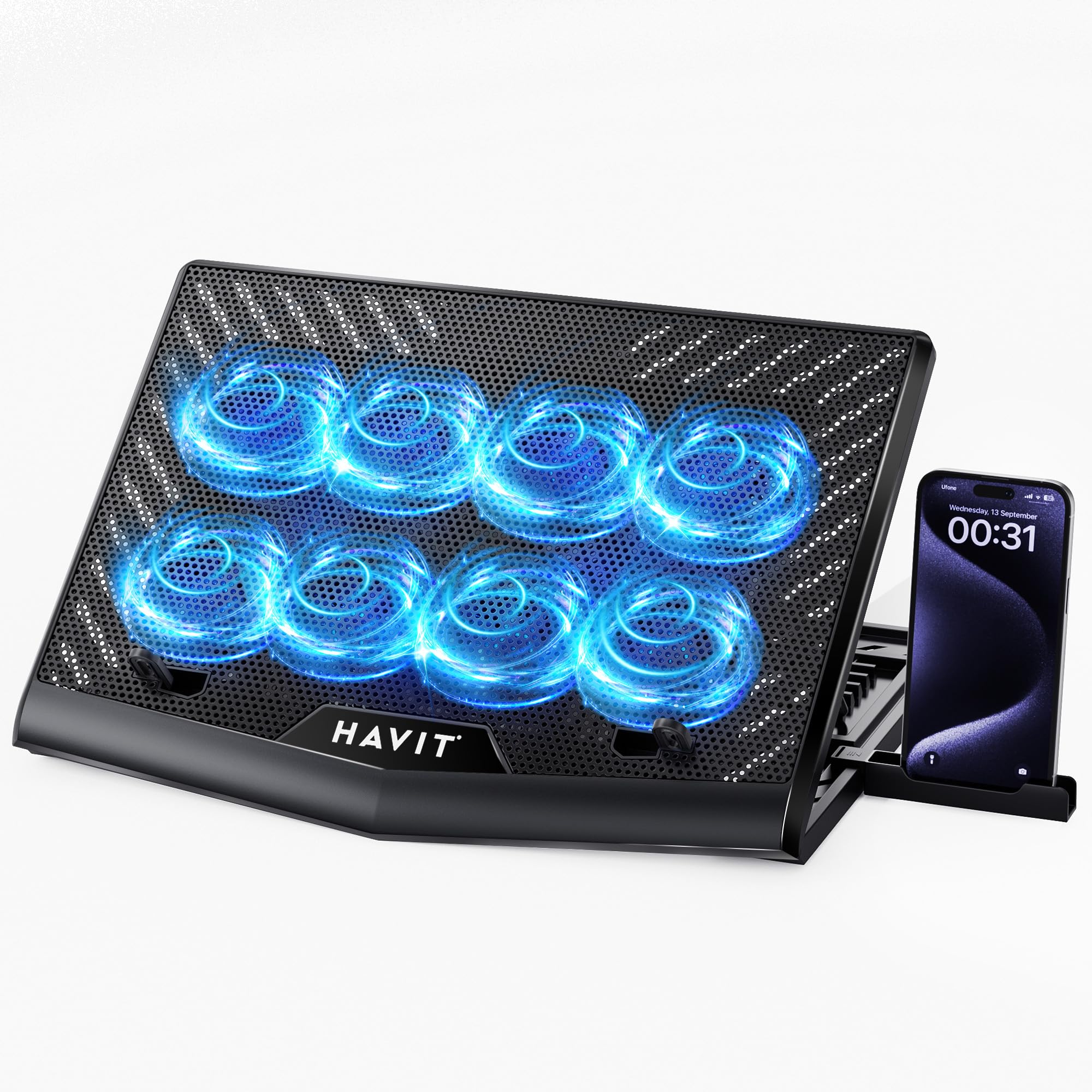 HAVIT 8-Fan Laptop Cooling Pad for 12-15.6 Inch Laptops - Adjustable Height Gaming Laptop Stand with Dual USB Ports & Phone Holder - Perfect for Gaming, Office Work & Home Use