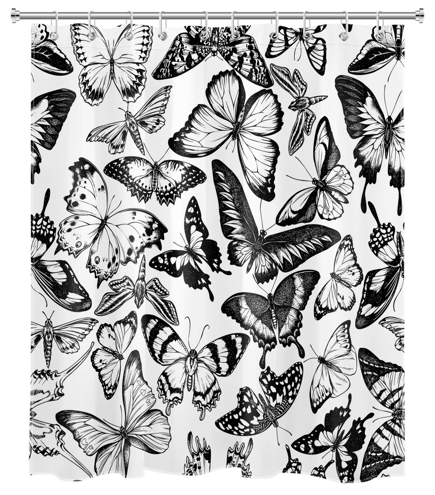 Boho Butterfly Shower Curtain - Black & White Vintage Wildlife Insect Print Bathroom Decor, Waterproof Fabric with Hooks, 60x72 Inches - Perfect for Boho Chic, Farmhouse & Nature-Themed Bathrooms