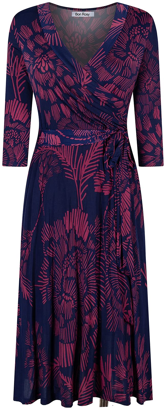 Women's 3/4 Sleeve Faux Wrap Midi Dress - Knee Length Summer Wedding Guest Dress for Party, Bridal Shower & Maternity Nursing - Navy Blue | Made in USA | Perfect for Formal Events, Office Wear & Special Occasions