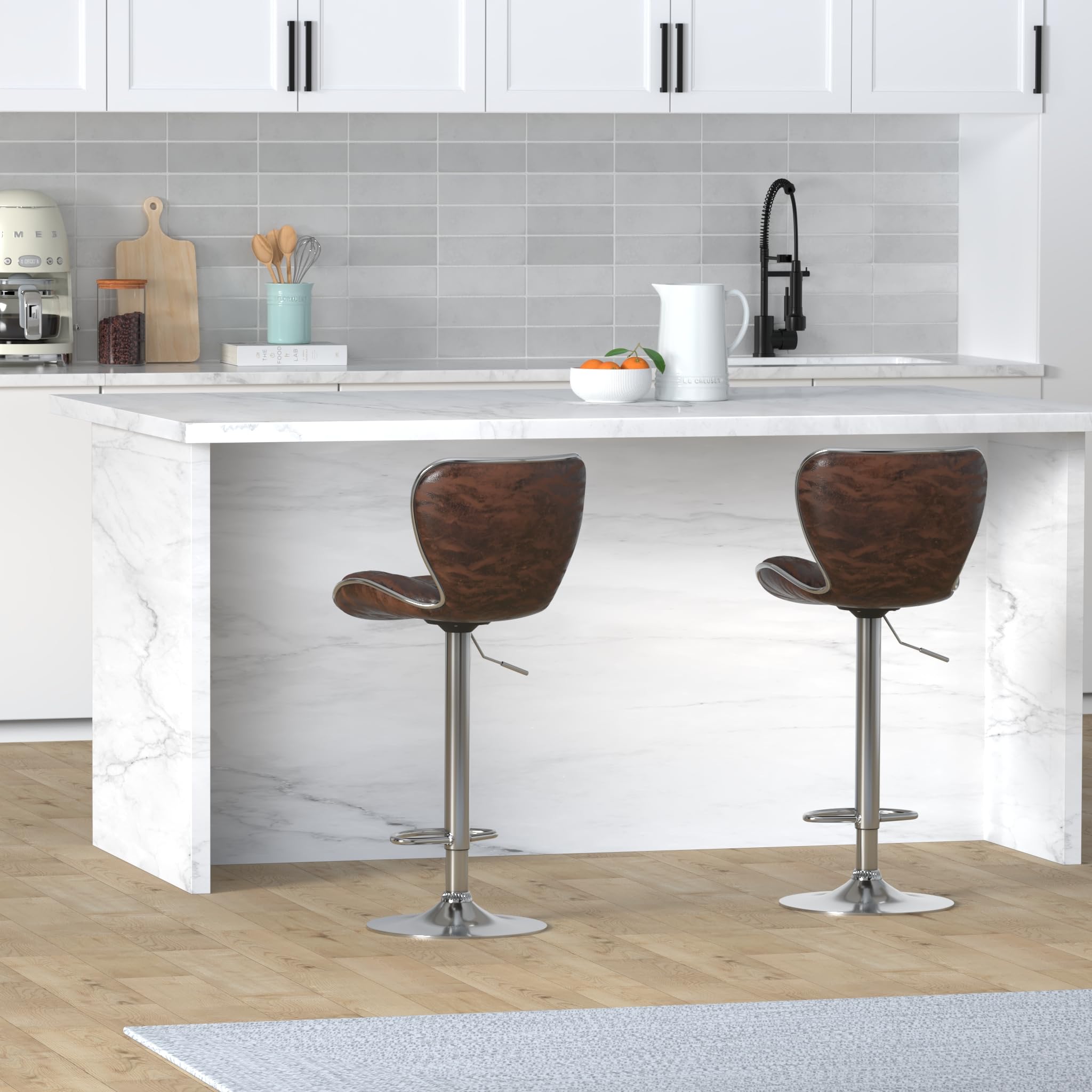 Leopard Print Adjustable Swivel Bar Stools with Padded Back - Set of 2, Brown Faux Leather - Perfect for Kitchen Islands, Home Bars & Breakfast Nooks