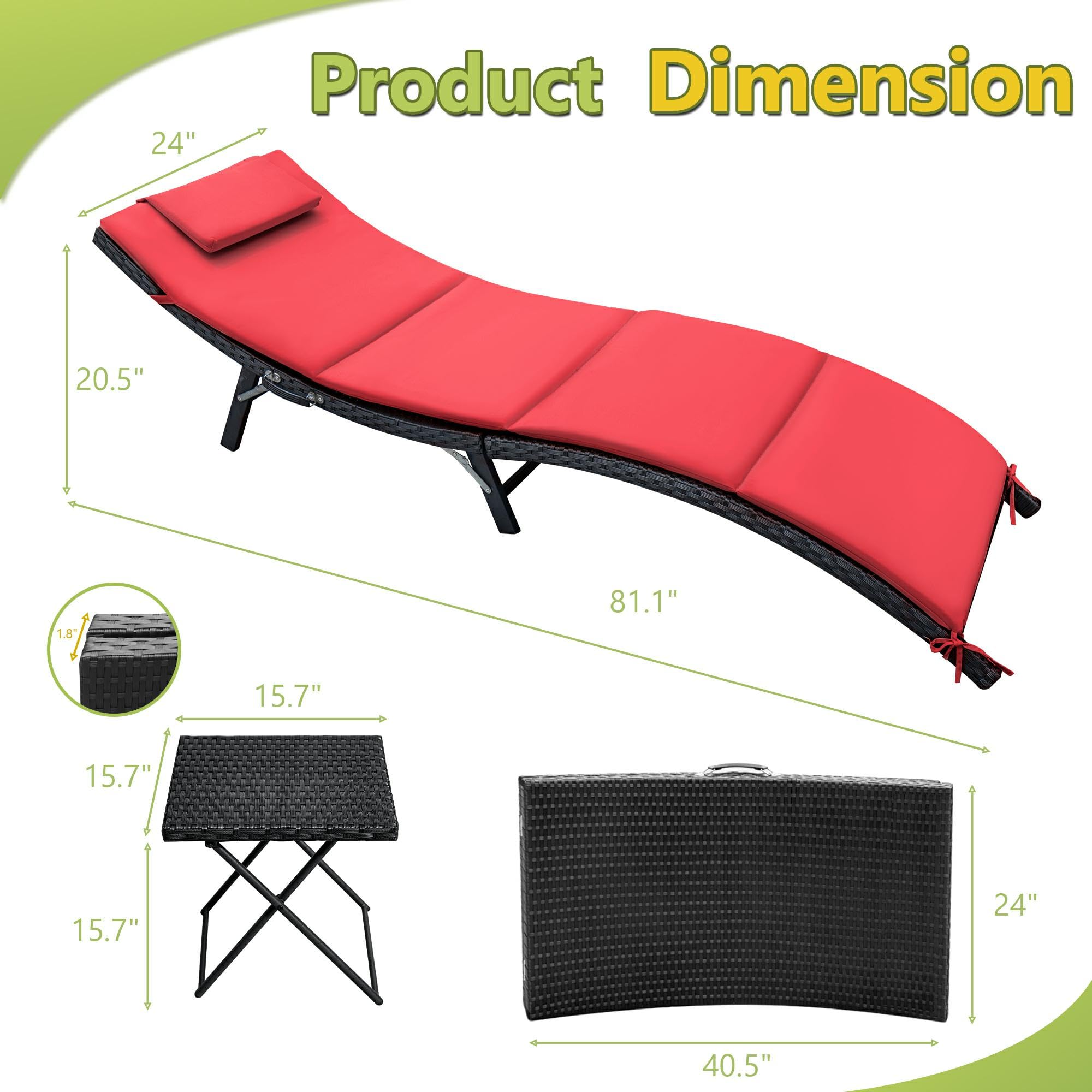 Flamaker 3-Piece Outdoor Chaise Lounge Set with Cushions - Modern PE Wicker Rattan Patio Furniture, Folding Chaise Lounger with Backrest & Side Table (Red) - Perfect for Poolside, Backyard, Garden Relaxation