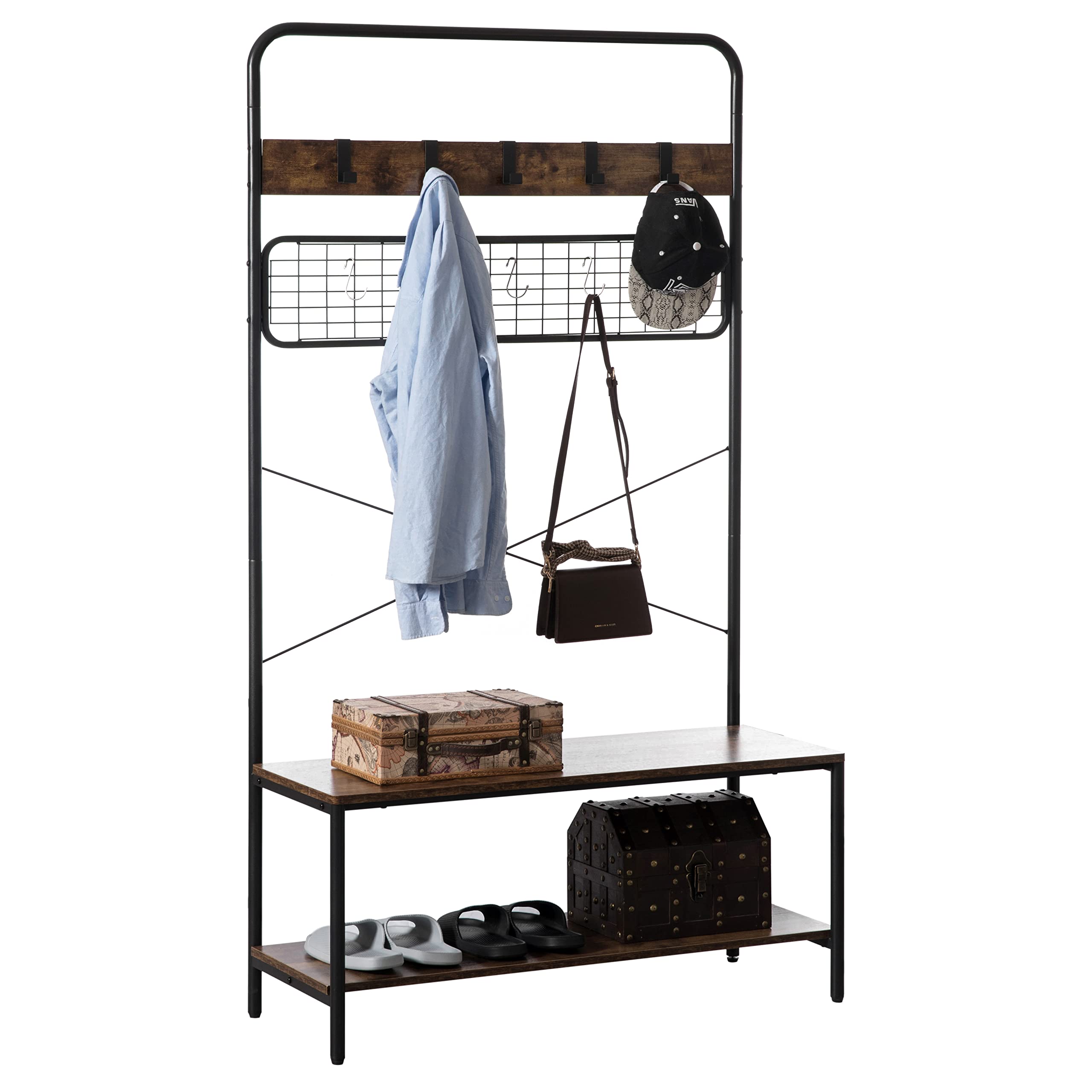 Vintage Brown Coat Rack Hall Tree with 10 Hooks & Storage - Entryway Organizer for Jackets, Hats & Shoes | Perfect for Mudroom, Foyer & Small Space Organization