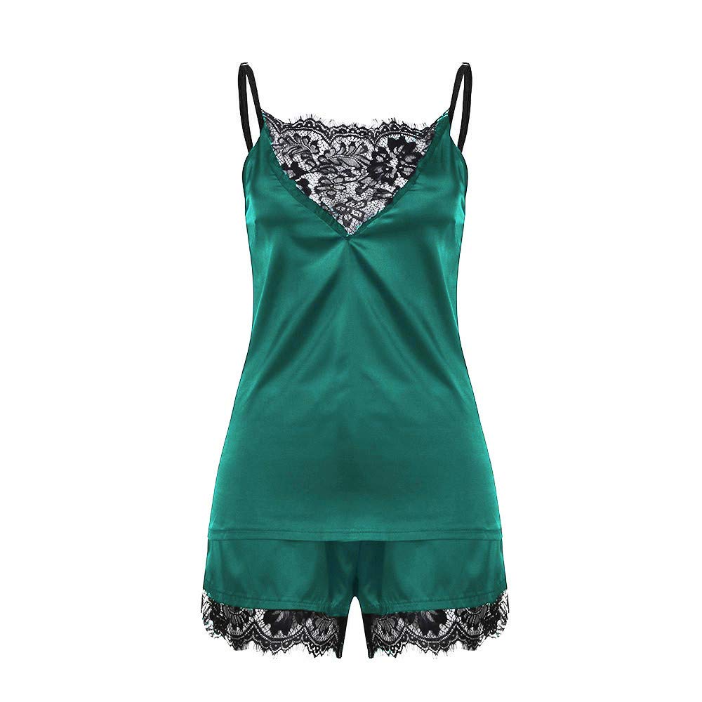 Silk Satin Pajama Set for Women - Lace Trim Sleepwear & Lounge Wear - Soft Comfortable Nightwear (Green, Small) - Perfect for Relaxing at Home, Spa Days & Romantic Getaways