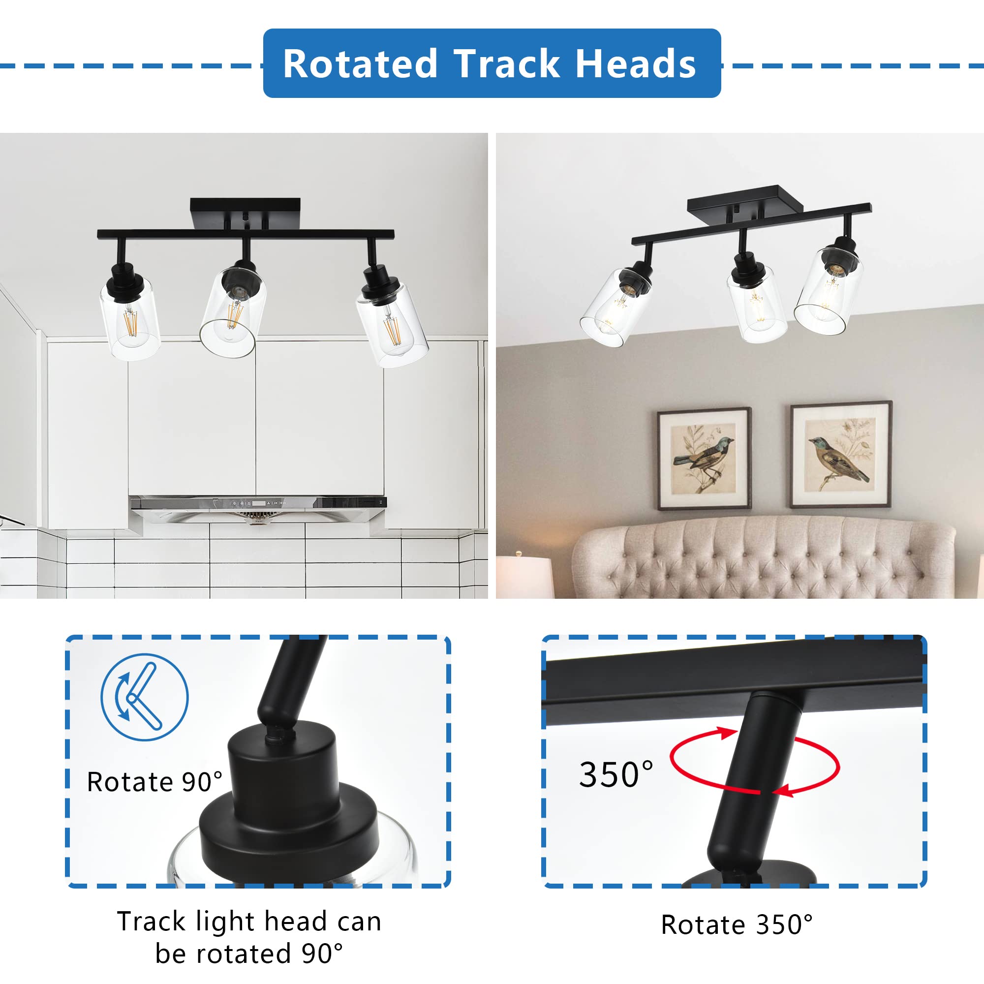 MELUCEE 3-Light Black Bathroom Vanity Lighting Fixture with Rotatable Track Heads & Clear Glass Shade - Modern Ceiling Light for Hallway, Porch, Foyer, Bathroom & Storage Areas