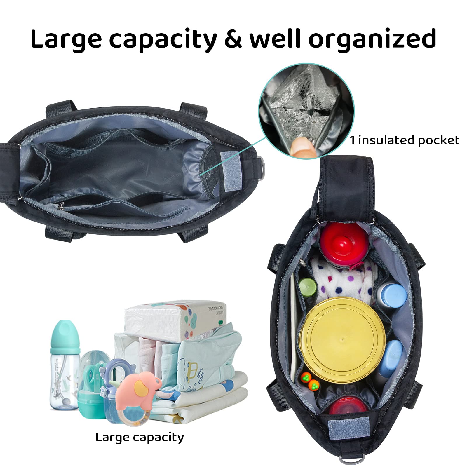 Waterproof Diaper Bag for Moms & Dads - Large Multifunctional Travel Tote with Insulated Pockets, Stroller Straps & Changing Pad - Perfect for Daycare, Outings & Baby Essentials (Black)