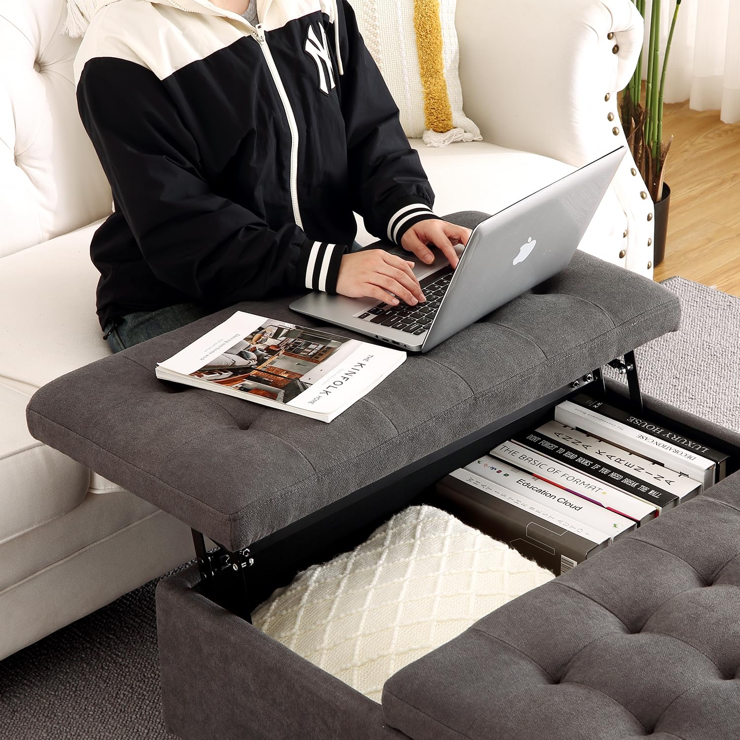 GARVEE 33 Inch Square Lift Top Storage Ottoman Coffee Table - Upholstered Tufted Design with Solid Wood Frame & Velvet Fabric - Perfect for Living Room, Lounge, and Home Decor