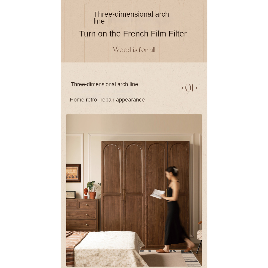 Vintage French Style Black Walnut Solid Wood Wardrobe - Classic Retro Closet for Bedroom & Living Room Storage