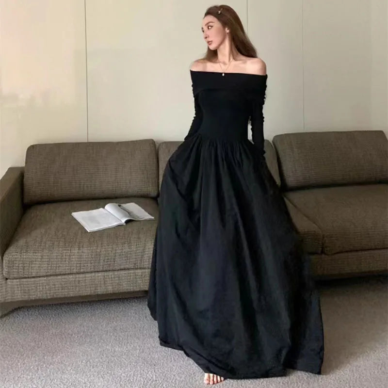 Elegant Black Slash Neck Long Dress for Women - Y2K Korean Style Off Shoulder Long Sleeve Party Dress | Perfect for Spring Fashion, Night Out, and Special Occasions