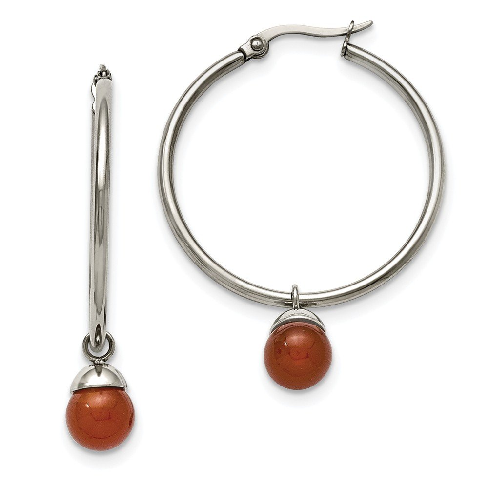 Stainless Steel Polished Hoop Earrings with Red Agate Beads | Elegant Dangle Earrings for Women | Perfect for Parties, Weddings & Everyday Wear