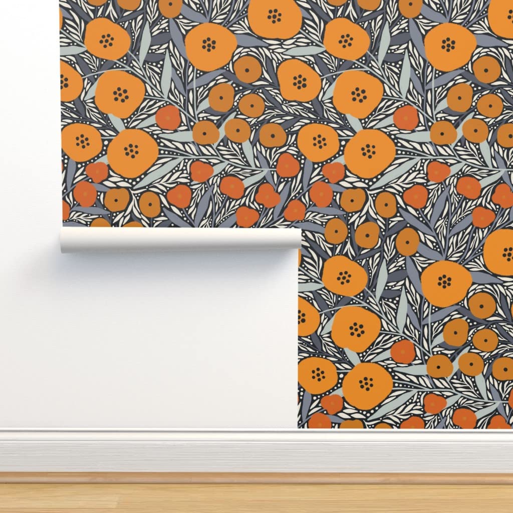 Floral Orange Bold Peel & Stick Removable Wallpaper 12ft x 2ft - Self-Adhesive Wall Decor for Bedroom, Living Room, Nursery by Spoonflower