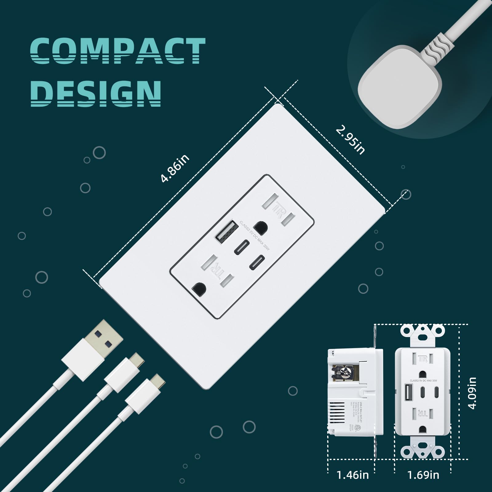 30W 6.0A USB C/A Wall Outlet Charger with Tamper-Resistant Duplex Receptacle - NEMA 5-15R, ETL & FCC Certified, Includes Screwless Wall Plate (10-Pack, White) - Perfect for Home, Office & Hotel Room Charging Stations