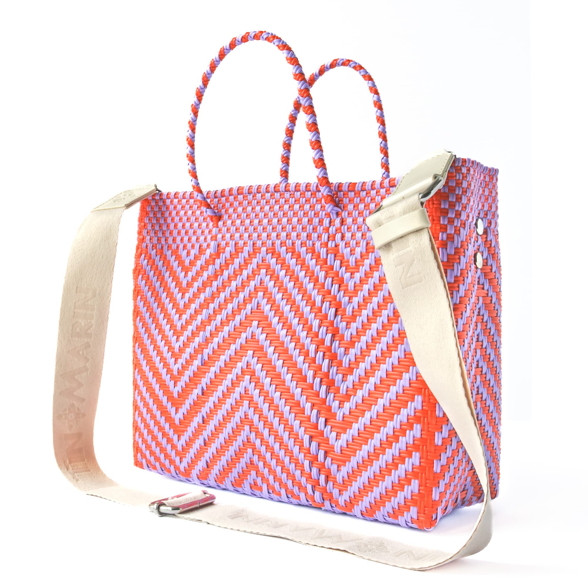 Positano Medium Woven Crossbody Bag with Detachable Mesh Pouch - Orange & Purple Recycled Plastic Beach Purse | Handmade Mexican Artisan Bag for Vacation, Travel & Resort Wear