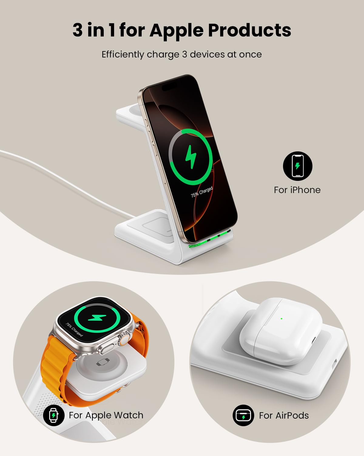 GEEKERA 3-in-1 Fast Wireless Charging Station for iPhone 16/15/14/13/12/11 Pro Max/XR/XS/X, Apple Watch Ultra 2/9/SE/8/7/6/5/4/3/2 & AirPods Pro/4/3/2 | Qi-Certified Charger Stand Dock for Bedside, Office & Travel