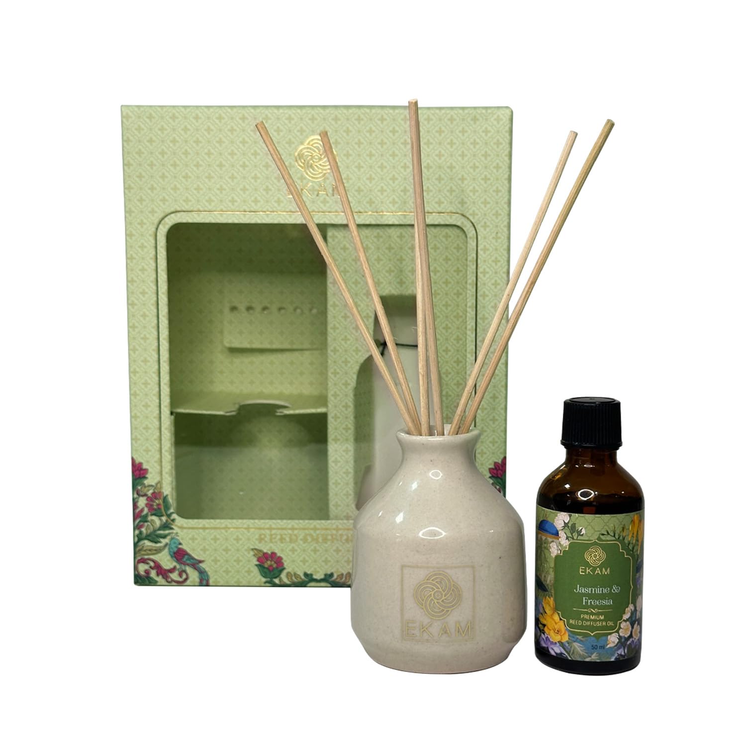 EKAM 50ml Reed Diffuser Set - Jasmine & Freesia Scented Oil with 8 Rattan Sticks | Long-Lasting Home Fragrance for Bedroom, Living Room, Office | Perfect for Relaxation, Aromatherapy & Holiday Gifting