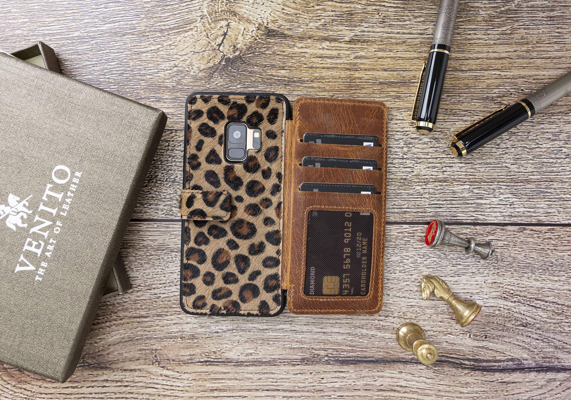 Venito Verona Genuine Leather Phone Case for Samsung Galaxy S9 (5.8 Inch) - RFID Blocking Flip Wallet Cover with Card Slots | Slim Protective Case | Furry Leopard Print | Perfect for Travel, Work & Everyday Use