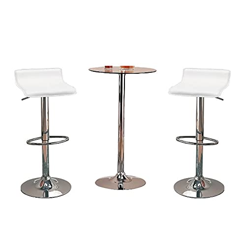 Chrome Bar Table Set with Round Glass Top & 2 White Stools - Modern Home Square Dining Set for Kitchen, Breakfast Nook & Small Space Entertaining