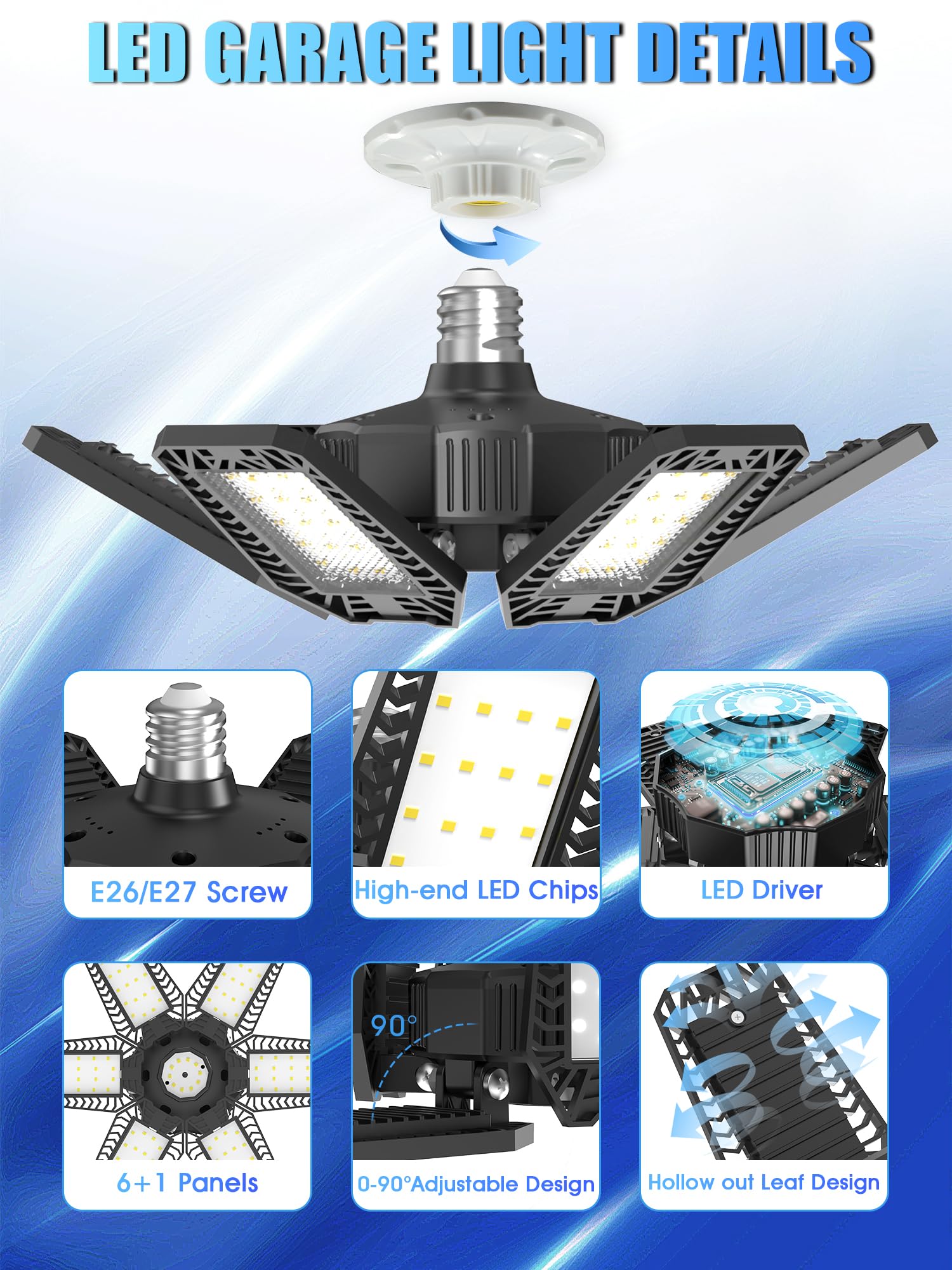 6 Pack LED Garage Lights - 180W 18000LM Deformable Panel Ceiling Lighting, 6500K Daylight White Shop Lights with E26/E27 Socket - Perfect for Workshop, Barn, Basement, Gym & Warehouse Lighting Solutions