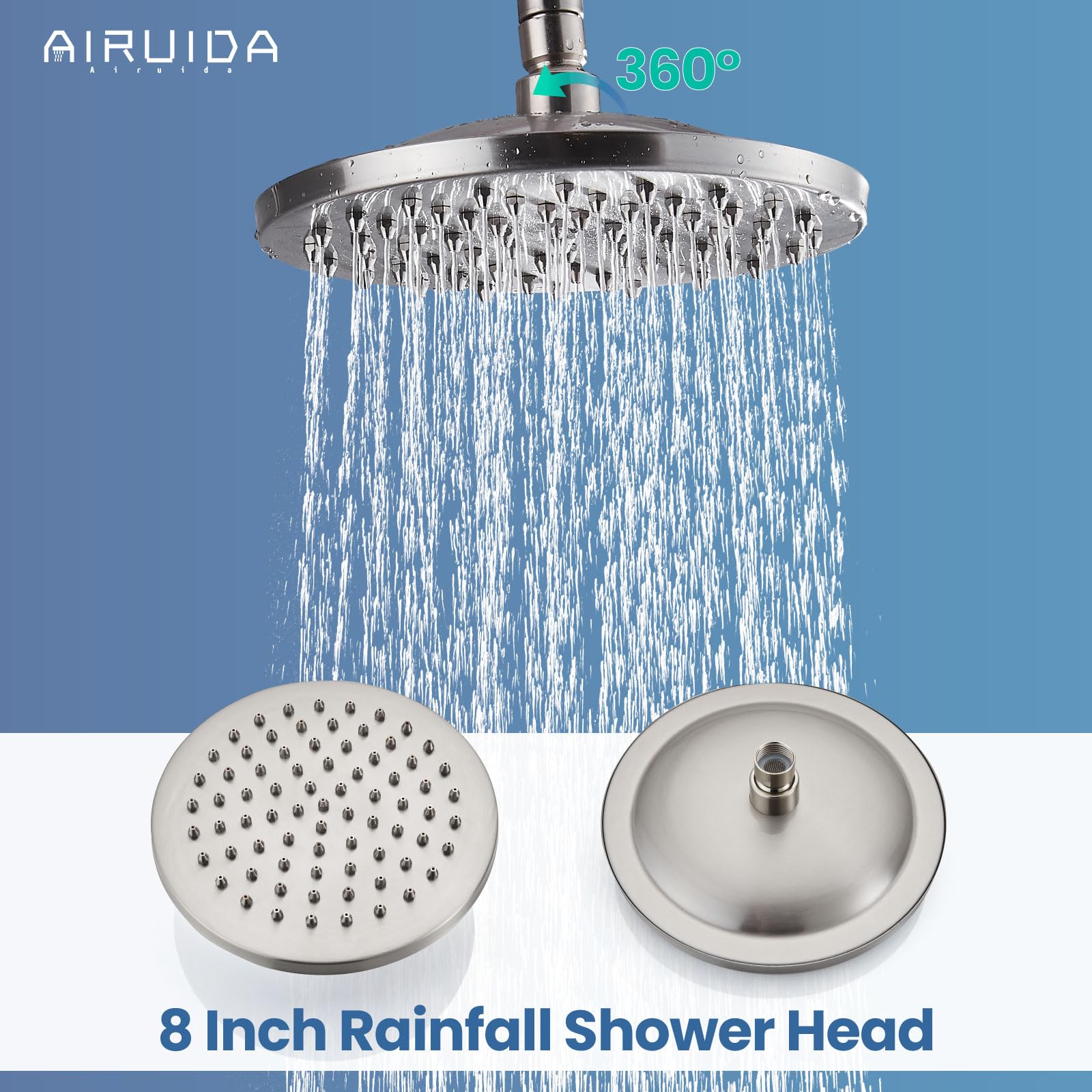 Airuida 8 Inch Brushed Nickel Rain Shower Head with Exposed Pipe System - Modern Adjustable Single Handle Shower Faucet Combo with Dual Functions - Perfect for Bathroom Renovation & Spa-Like Shower Experience