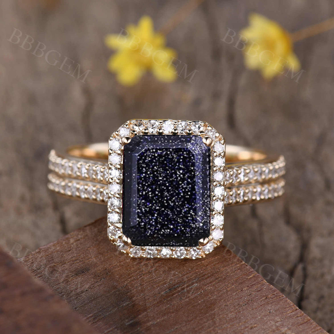 8x10mm Emerald Cut Yellow Gold Blue Sandstone Diamond Halo Ring for Women - Elegant Wedding, Engagement & Anniversary Jewelry Gift
