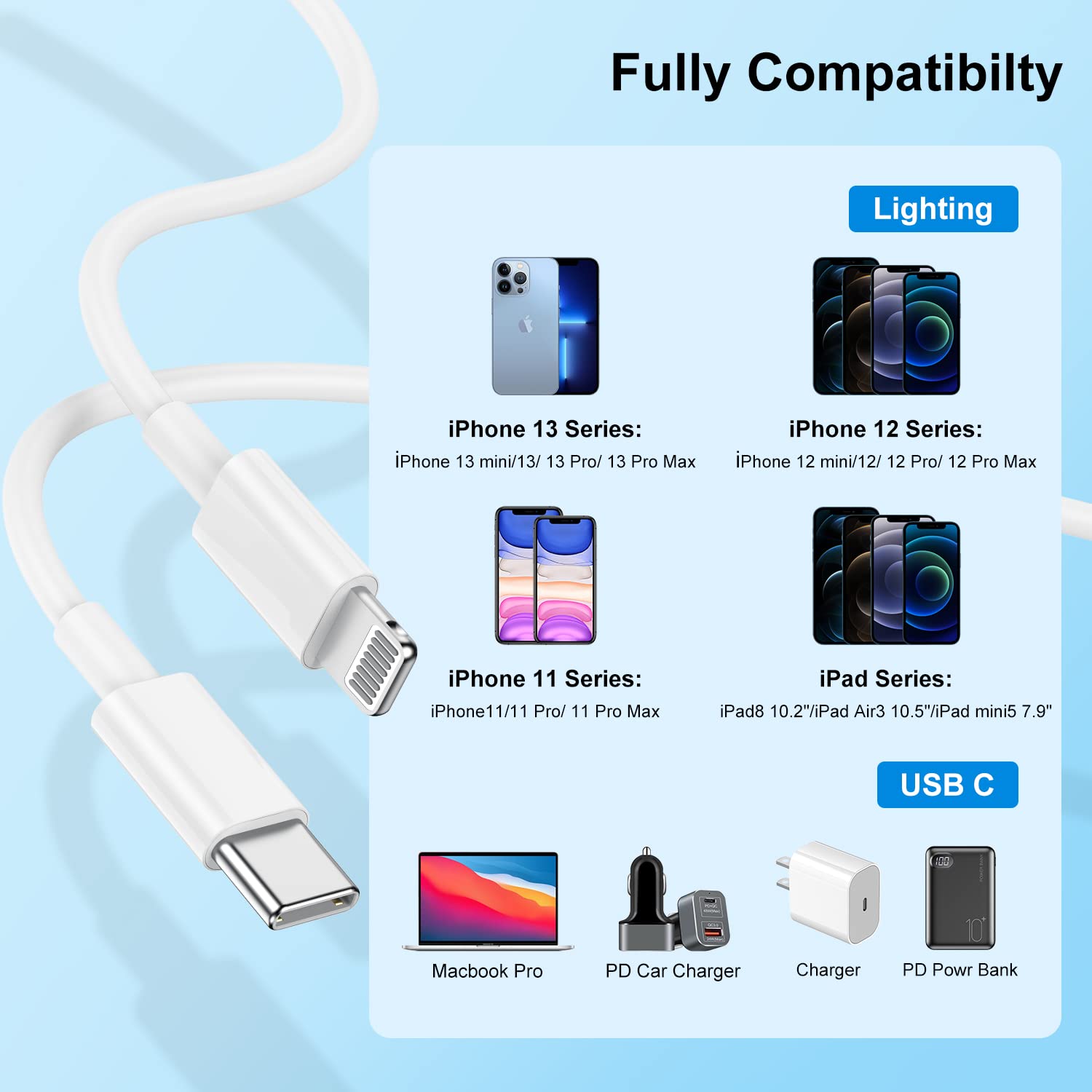 10FT USB C to Lightning Cable 2-Pack - Fast Charging iPhone Charger Cord Compatible with iPhone 13/12/11 Series, iPad & MacBook - Durable 10ft USB-C Cable for Home, Office & Travel Charging