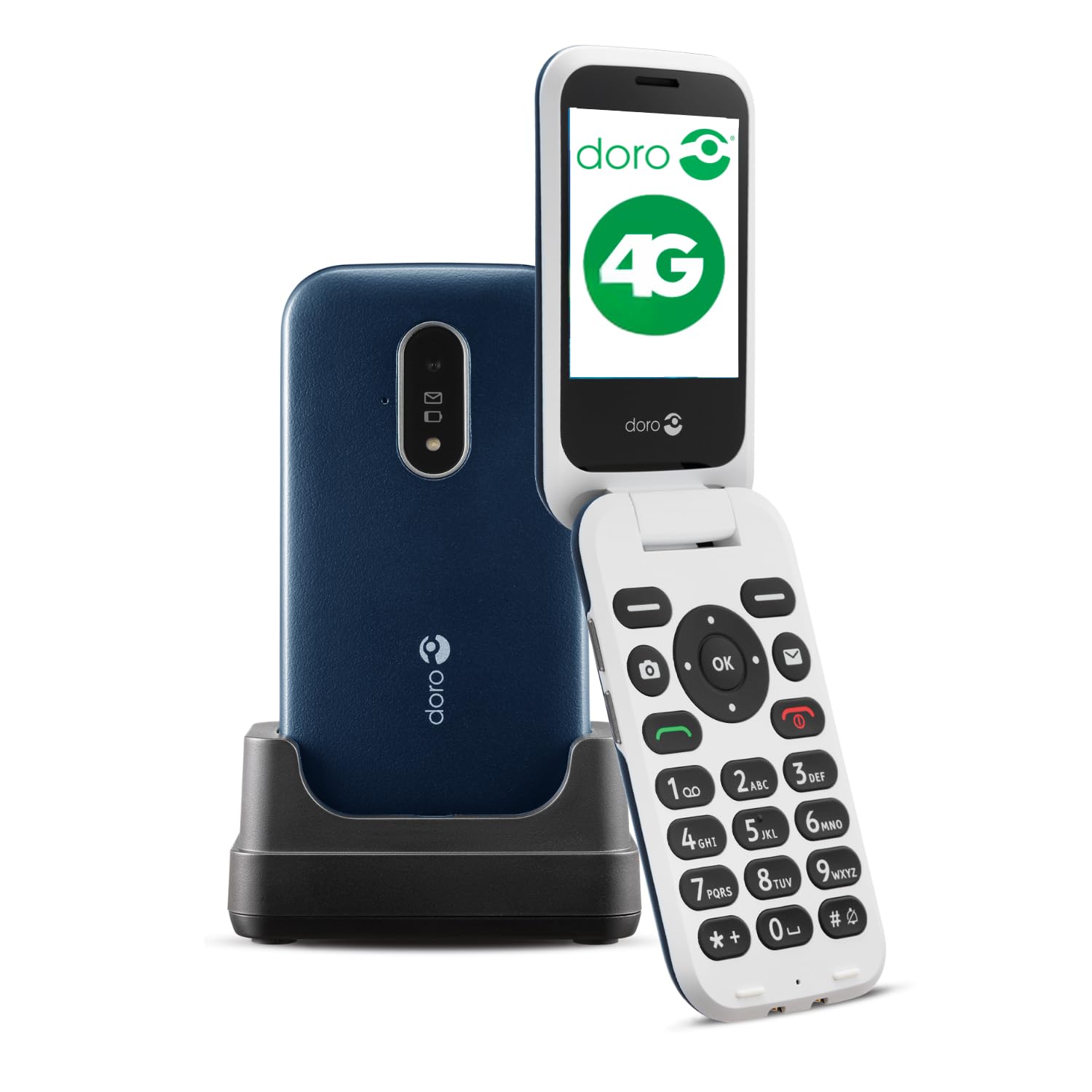 Doro 6820 4G Flip Phone for Seniors - Easy-to-Use Senior Cell Phone with Large Talking Buttons, Camera, Emergency Assist Button & Charging Stand (Blue) - Perfect for Elderly Parents & People with Limited Mobility