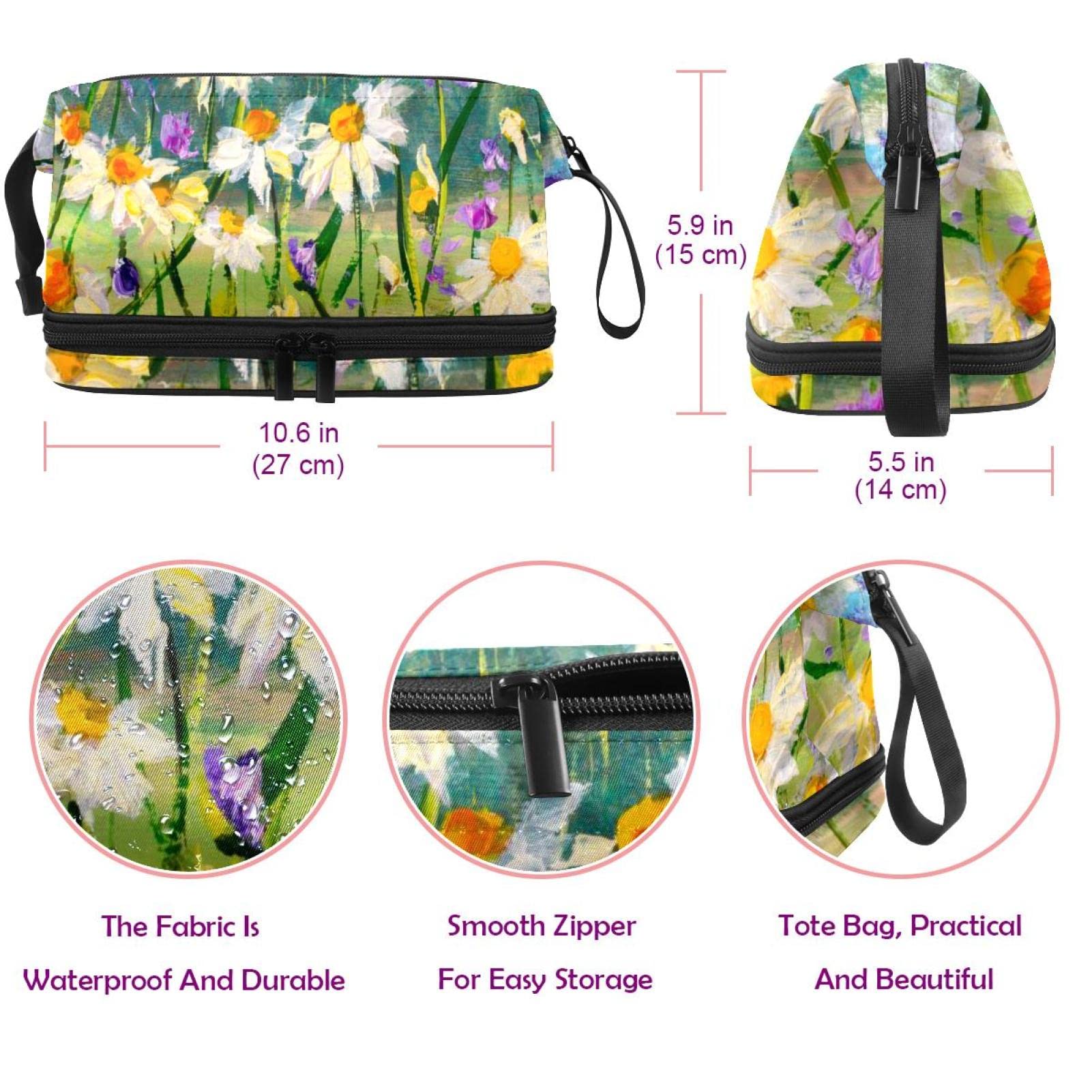 Large Makeup Bag for Women - Travel Cosmetic Organizer with White Daisies Floral Design, Waterproof Toiletry Bag for Vacation, Gym, Work & Daily Essentials Storage