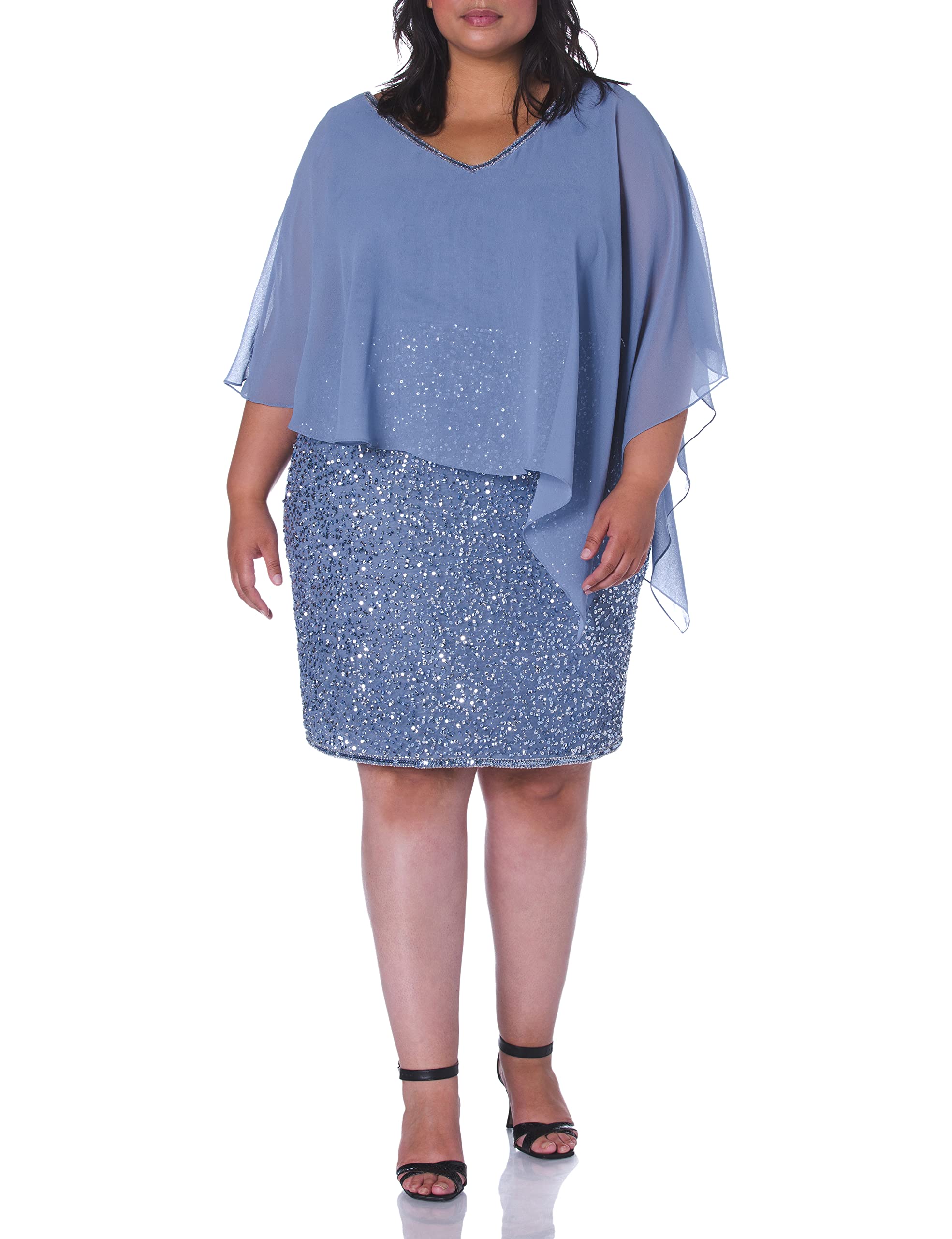 J Kara Women's Plus Size V-Neck Beaded Cocktail Dress - Elegant Caplet Short Party Gown for Evening Events, Weddings & Special Occasions