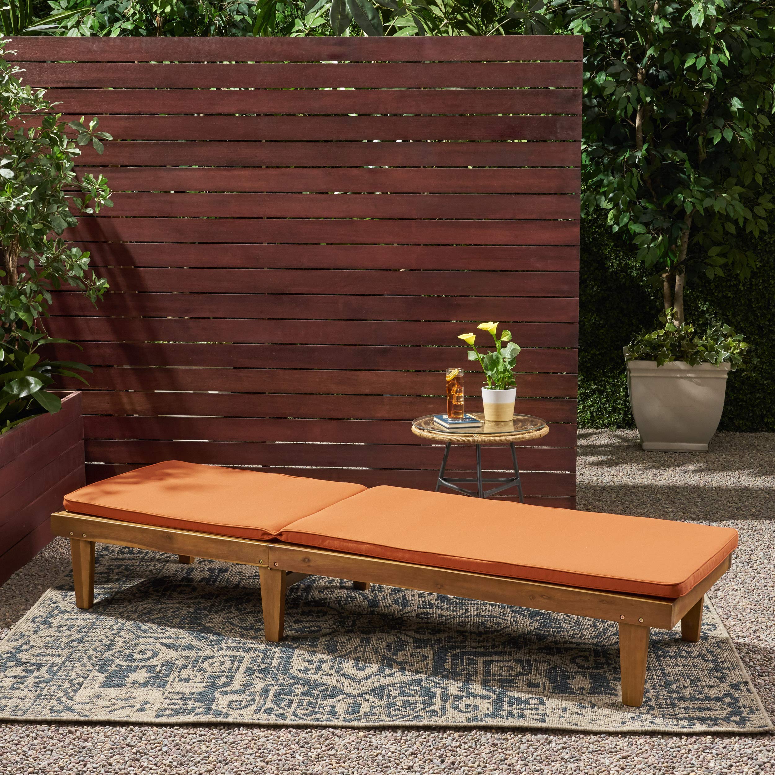 Premium Acacia Wood Outdoor Chaise Lounge with Rust Orange Cushion Set - Durable Patio Furniture for Poolside Relaxation & Garden Lounging