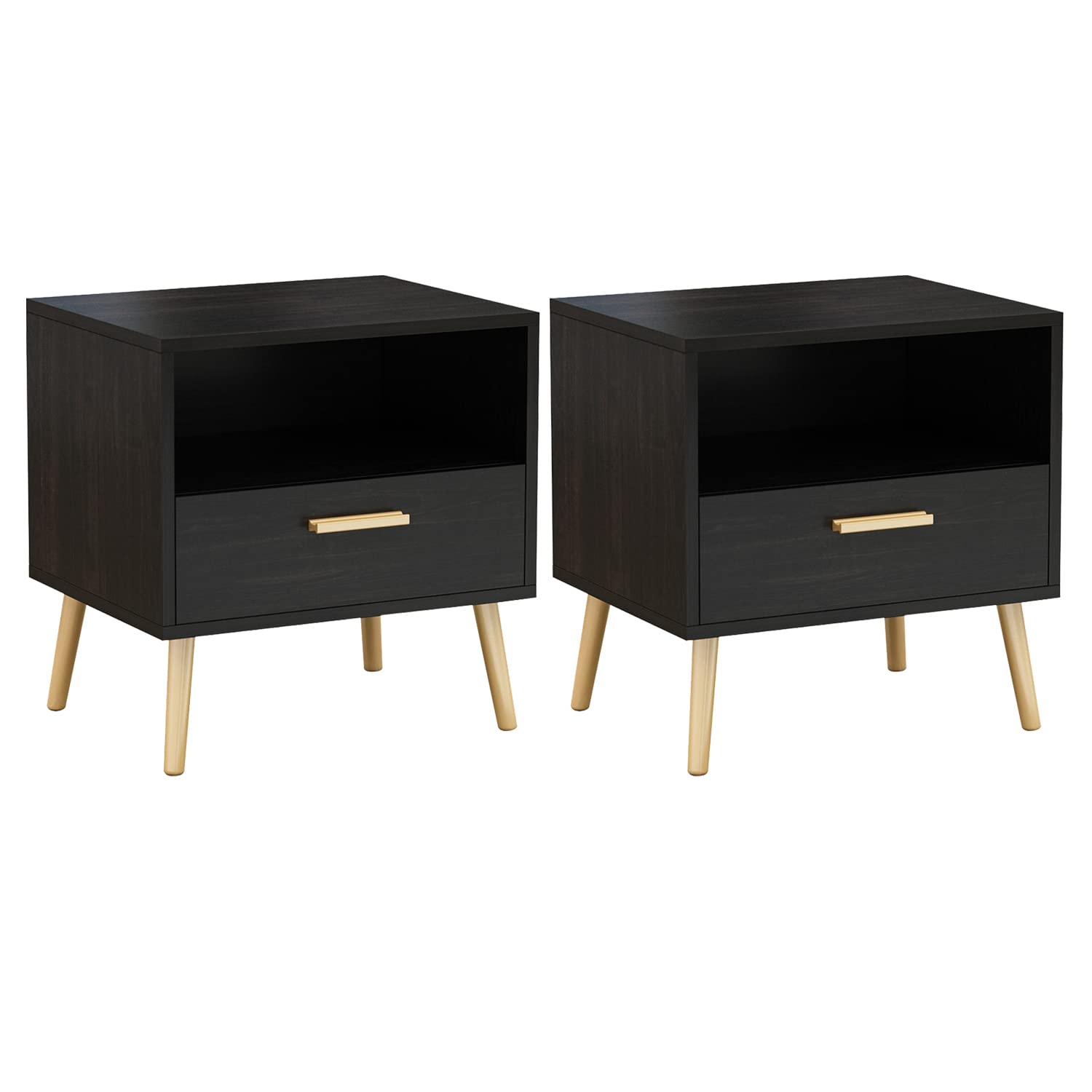 Modern Nightstand Set of 2 - Bedside Table with Drawer & Open Shelf, Gold Metal Legs End Table for Bedroom & Living Room, Black (19.5”L x 15.6”W x 20”H) - Perfect for Small Spaces, Apartment Decor & Guest Room Furniture