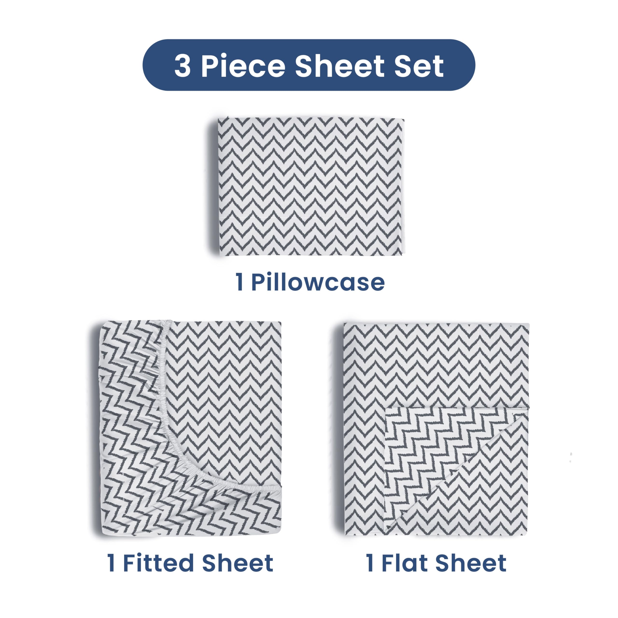 3 Piece Twin Sheets Set - Soft Breathable Brushed Cotton Blend Bed Sheets | Wrinkle Resistant, Durable & Easy Care | Perfect for Kids Rooms, Dorms & Guest Beds | Chevron Pattern Twin Size Bedding