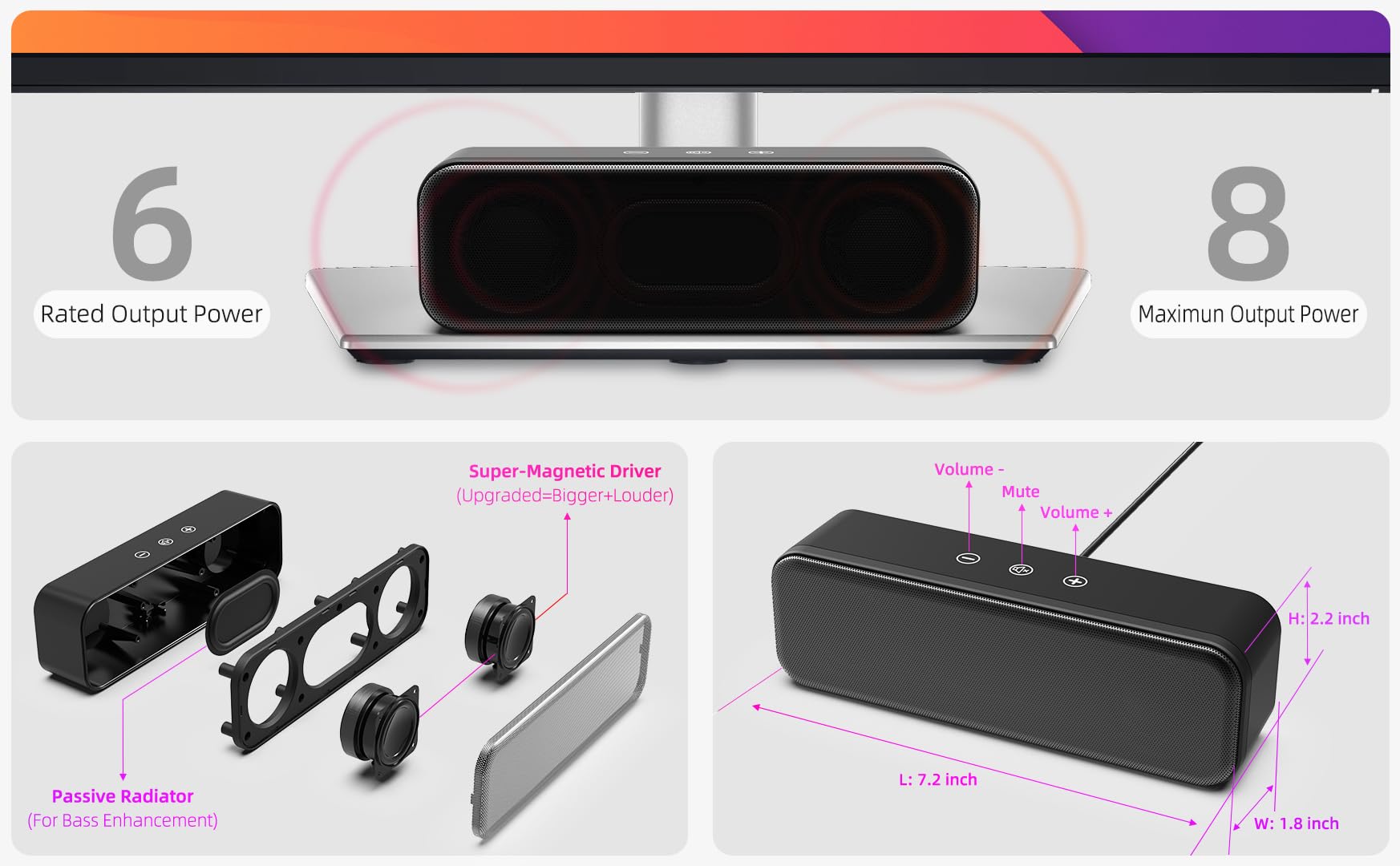 USB Computer Speakers for Desktop PC & Laptop - Wired External Sound Bar with Deep Bass, Touch Control, Built-in USB-C Adapter - Perfect for Home Office, Gaming & Music Listening