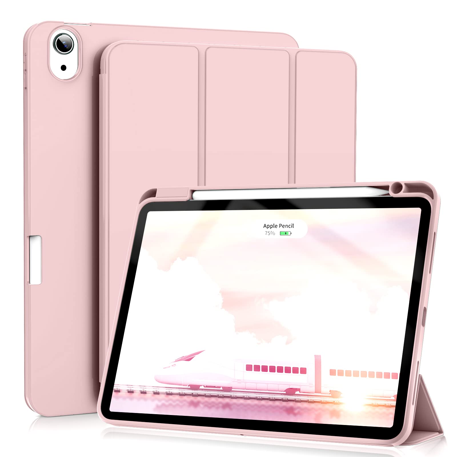 KenKe iPad Air 11 Inch Case (M2) - Compatible with iPad Air 5th/4th Gen 10.9 Inch | Built-in Apple Pencil Holder & Charging | Tri-fold Stand Cover with Auto Sleep/Wake | Protective Case for iPad Air 2024/2022/2020 | Pink - Perfect for Work, Study & Travel