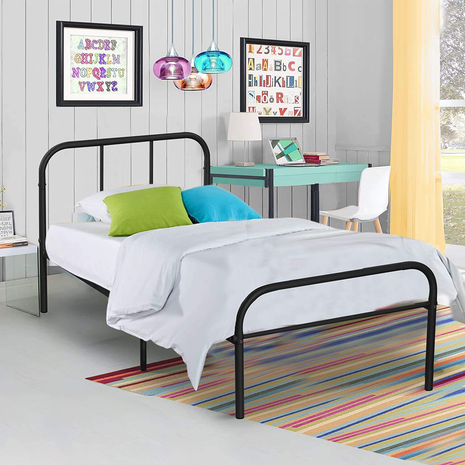 Voilamart Twin Size Metal Platform Bed Frame with Headboard & Footboard, Sturdy Black Storage Bed Frame - No Box Spring Needed, Perfect for Kids' Bedroom & Small Spaces