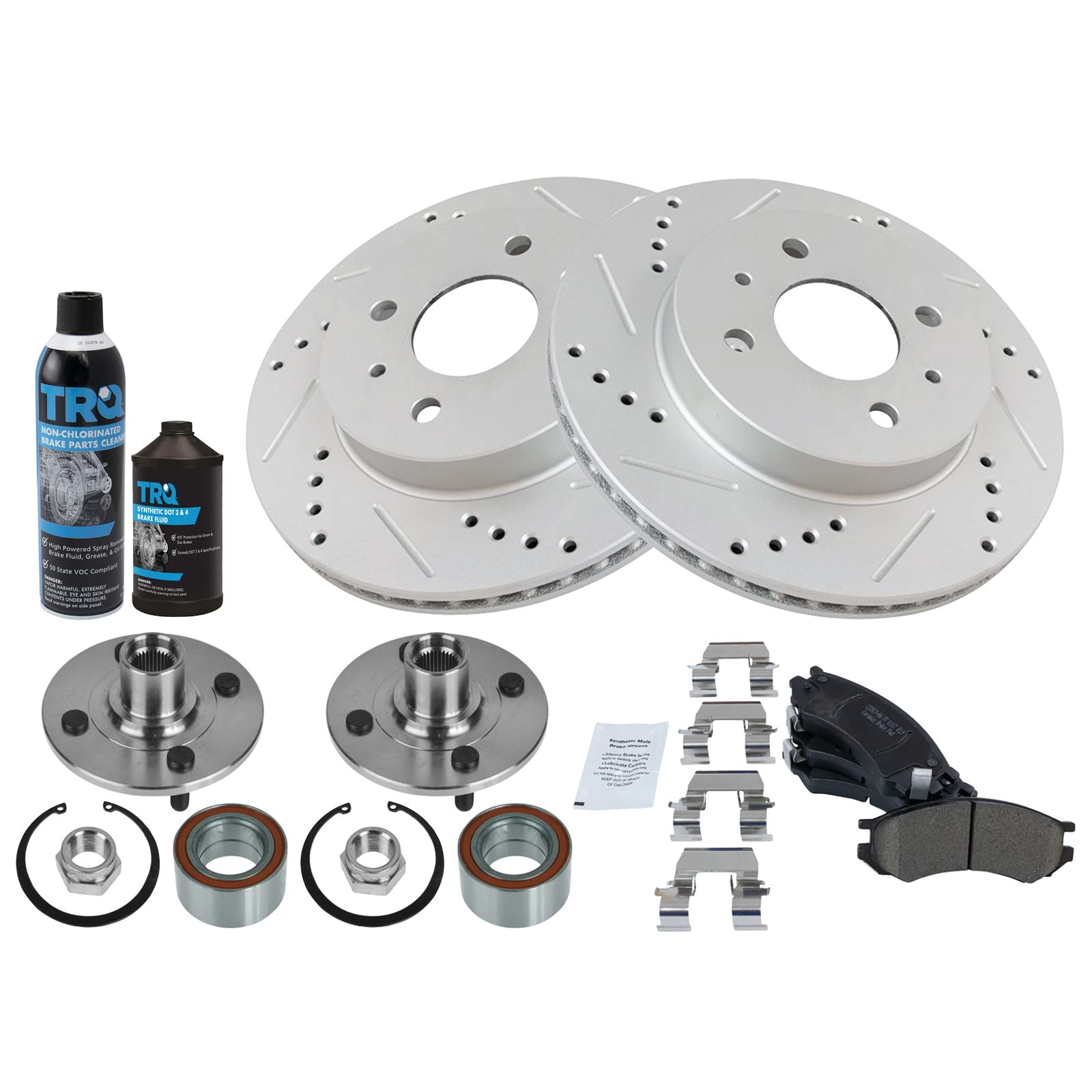 TRQ Front Wheel Bearing Kit with Ceramic Brake Pads & Performance Rotors - Complete Replacement Set with Lubricants for Smooth Driving & Enhanced Braking Performance | Perfect for Daily Commutes, Highway Driving & Performance Upgrades