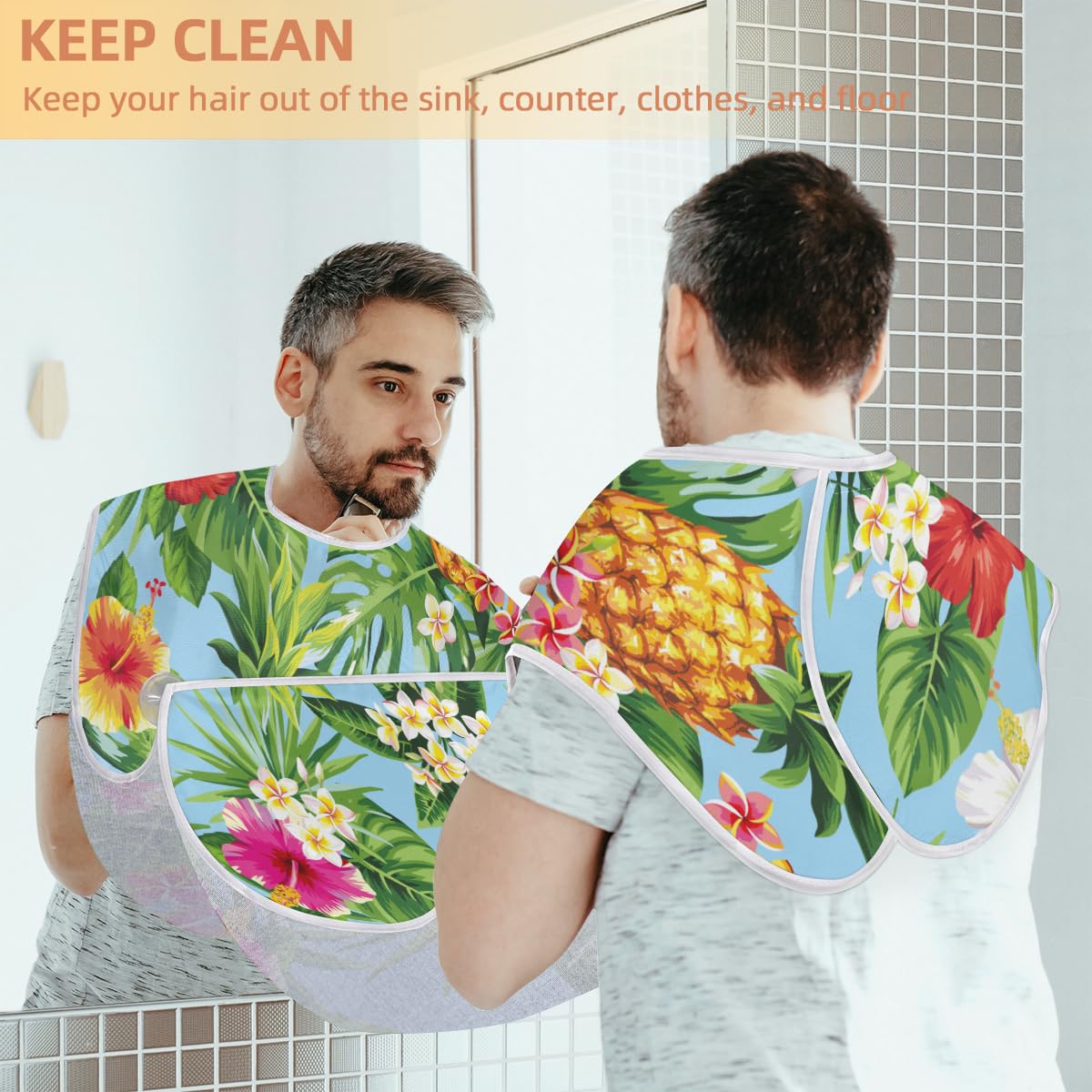 Non-Stick Beard Bib with Suction Cups - Tropical Pineapple Palm Leaves Design for Men's Shaving & Grooming | Perfect Birthday Gift for Husband & Dad | Use During Haircuts, Trims & Beard Care at Home