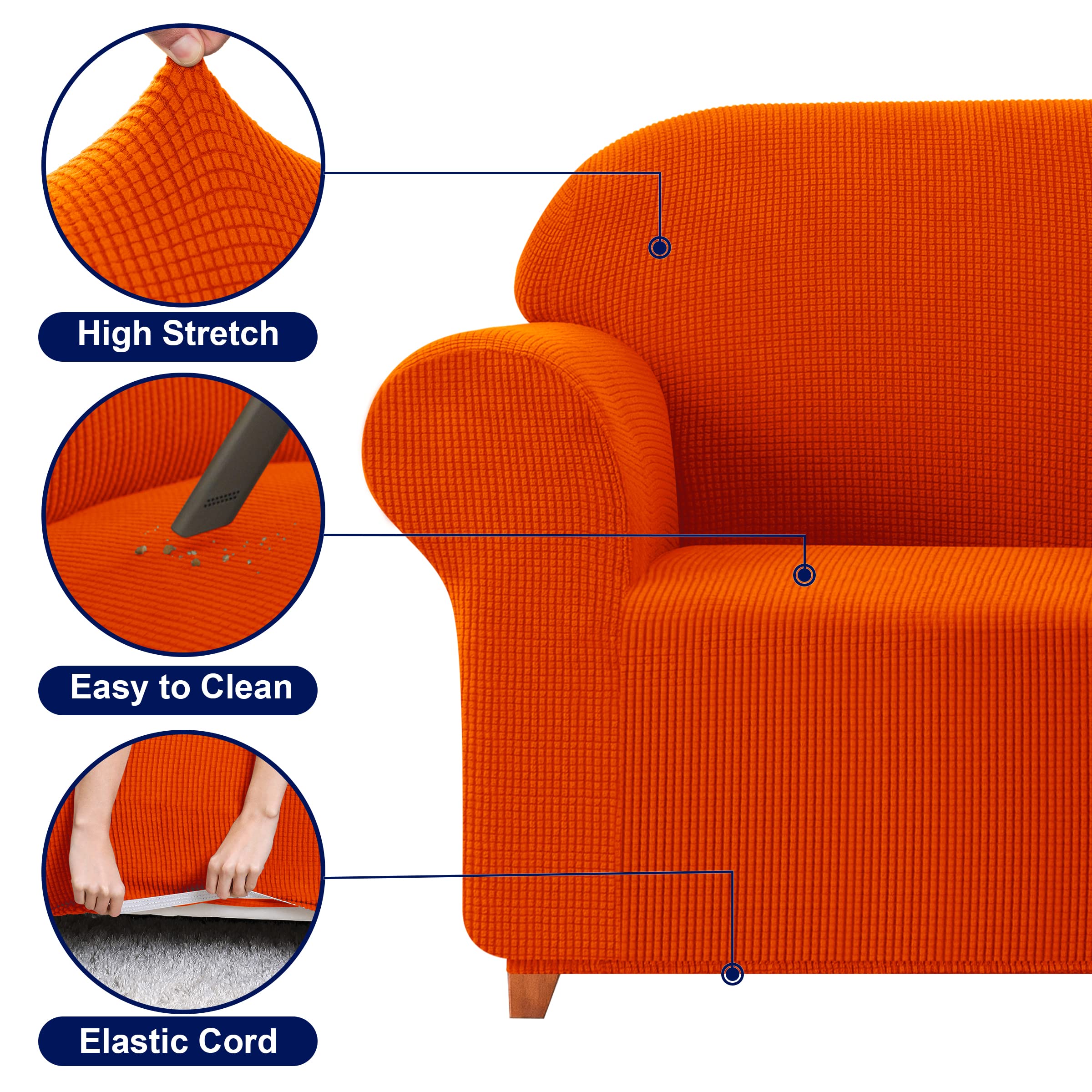 SUBRTEX Stretch Loveseat Sofa Slipcover - 2 Piece Washable Jacquard Fabric Couch Cover for 2-Seater Sofas, Soft Furniture Protector with Small Check Pattern (Orange) - Perfect for Living Room, Apartment & Home Decor