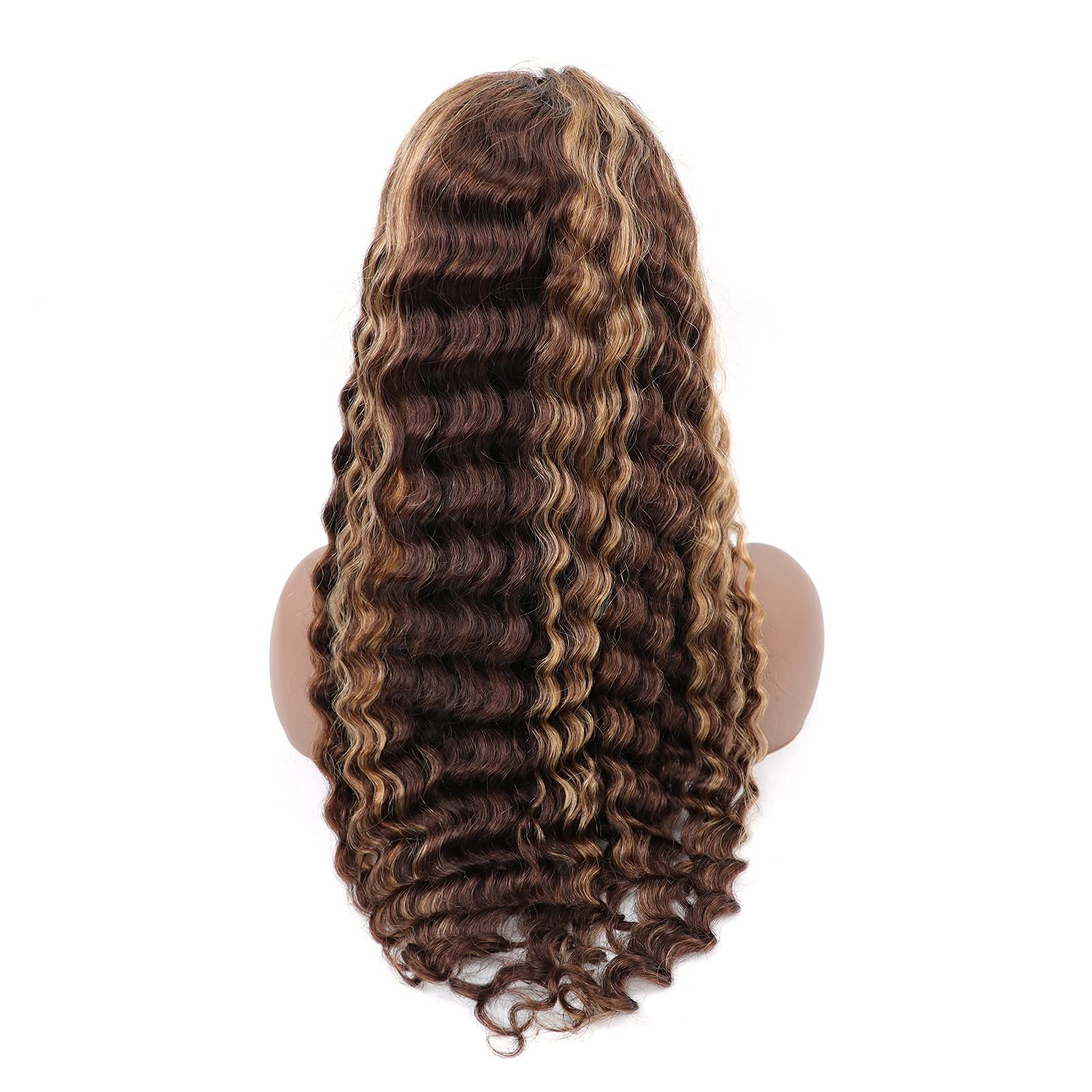 BLY Highlight Human Hair Lace Front Wigs 30 Inch Deep Wave #4/27 Ombre - Glueless Pre-Plucked 4x4 Transparent Lace Wig with 180% Density - Honey Blonde Curly Water Wave for Daily Wear, Parties & Special Occasions