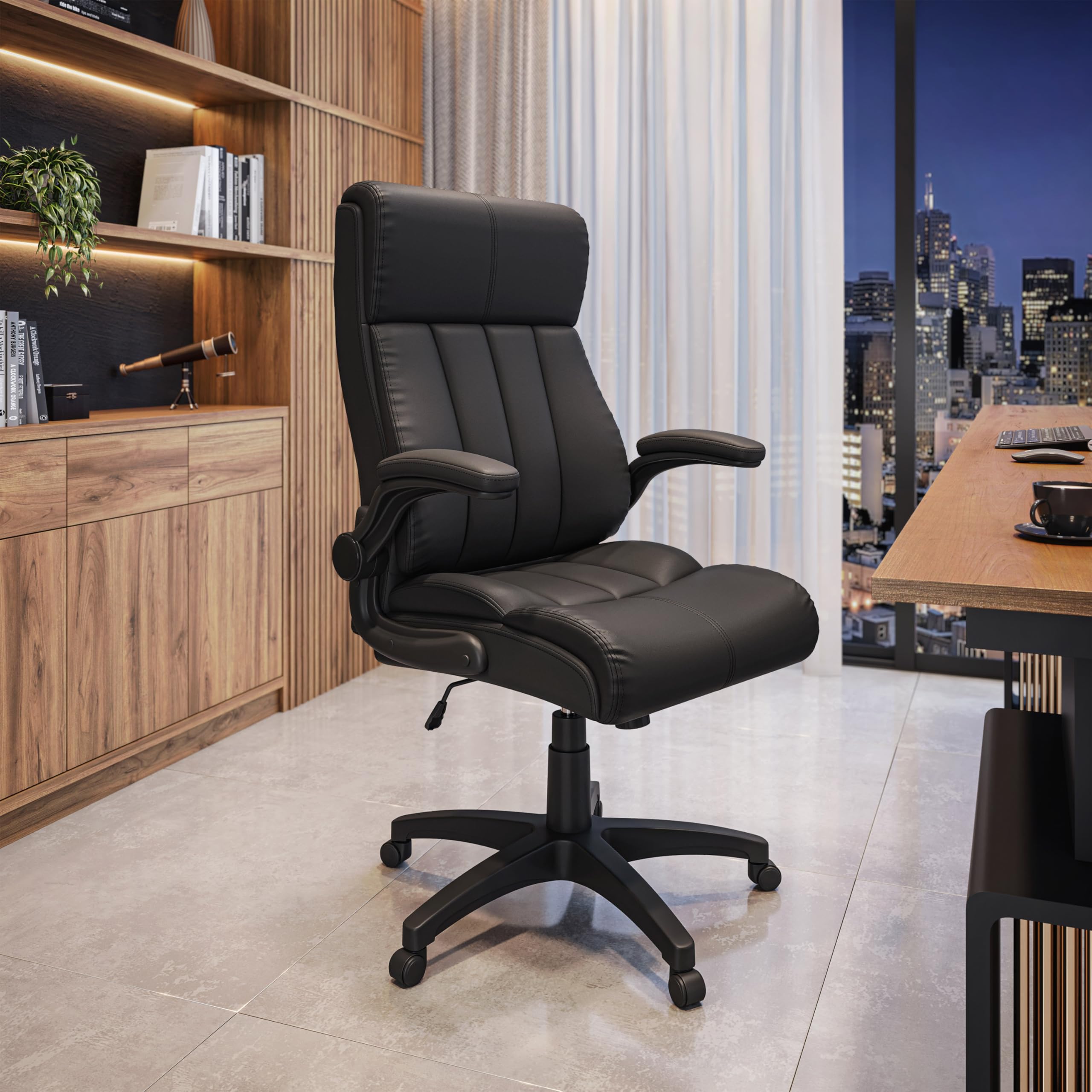 Premium Executive Leather Office Chair with Padded Flip-Up Armrests, Height Adjustable & Tilt Control - Ergonomic PU Desk Chair in Black for Home Office, Conference Room or Executive Suite