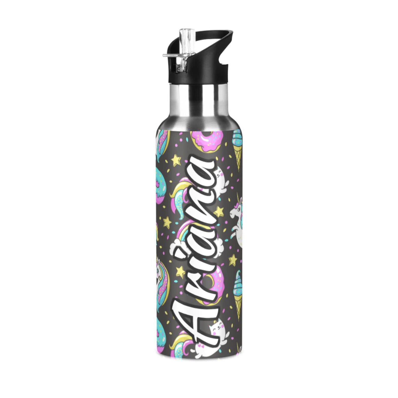Custom Unicorn Donut Rainbow Stainless Steel Water Bottle 33oz with Straw Lid - Insulated Sports Bottle for Gym, Travel, Hiking & Outdoor Activities - Personalized Gift for Kids & Adults